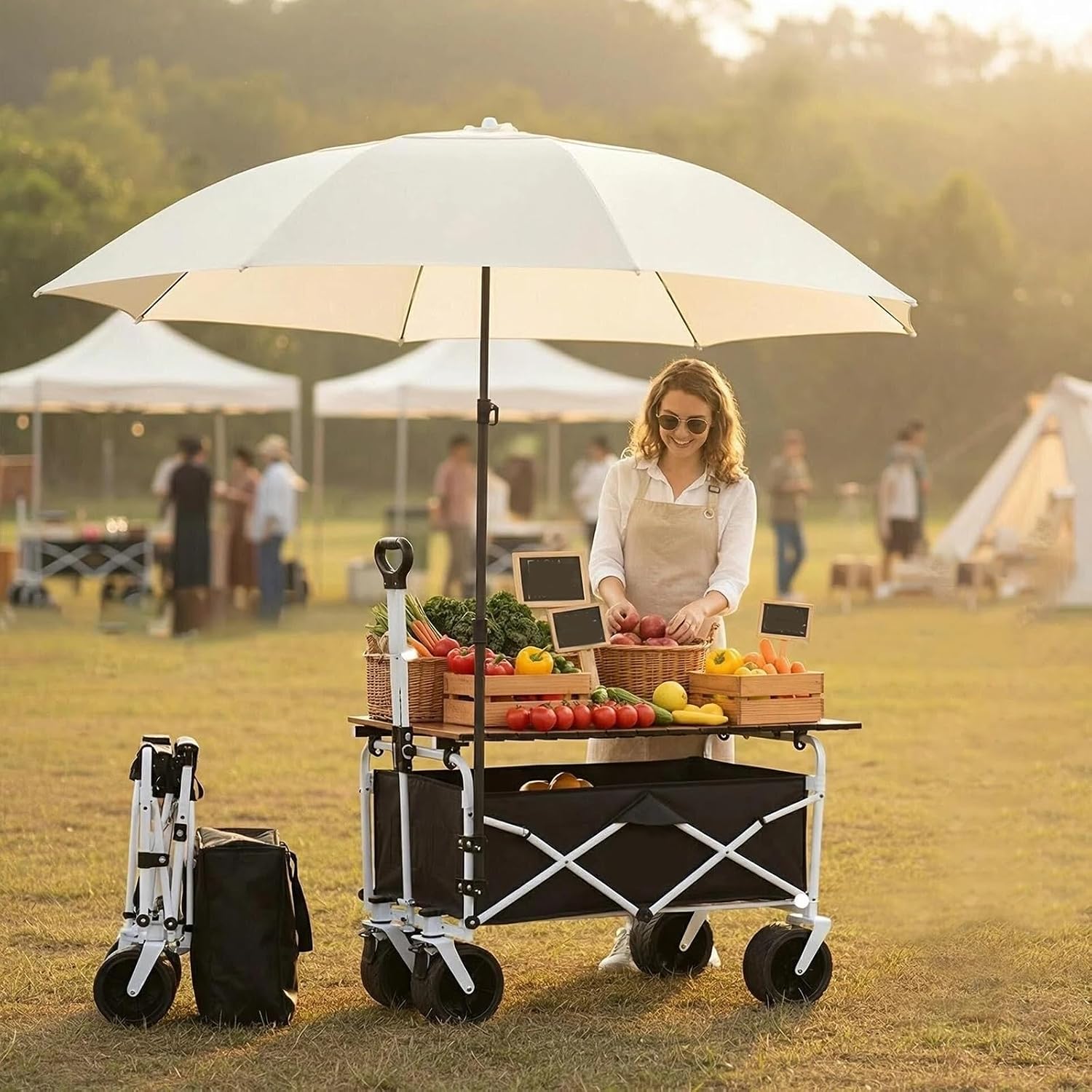 Commercial Vendor Cart with Wheels & Awning,Foldable Vending Stand Kiosk Display Trolley Easy to Assemble for Market Street Food & Events
