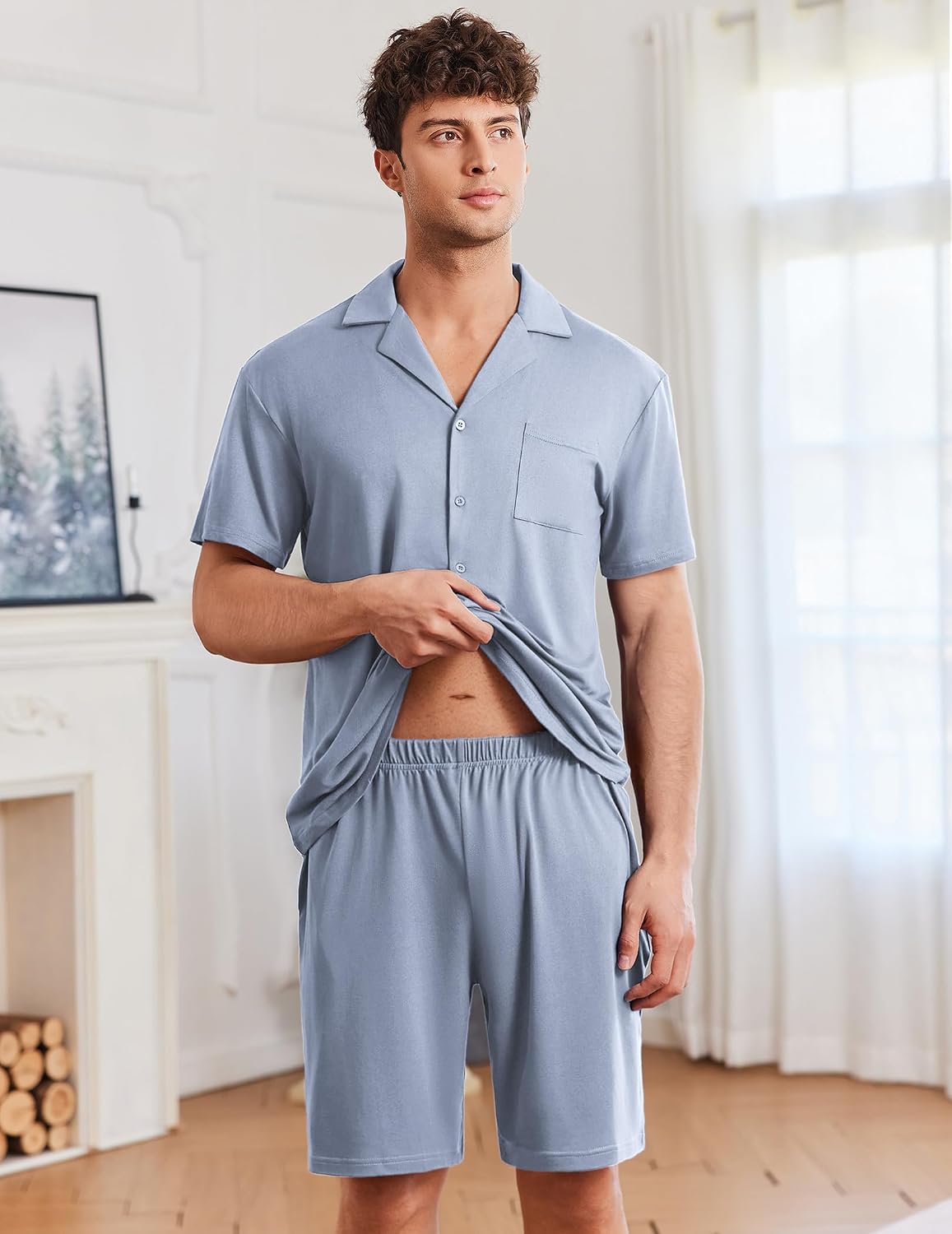 Ekouaer Mens Pajamas Set Short Sleeve Sleepwear Button Down Pj Shorts Sets image 3