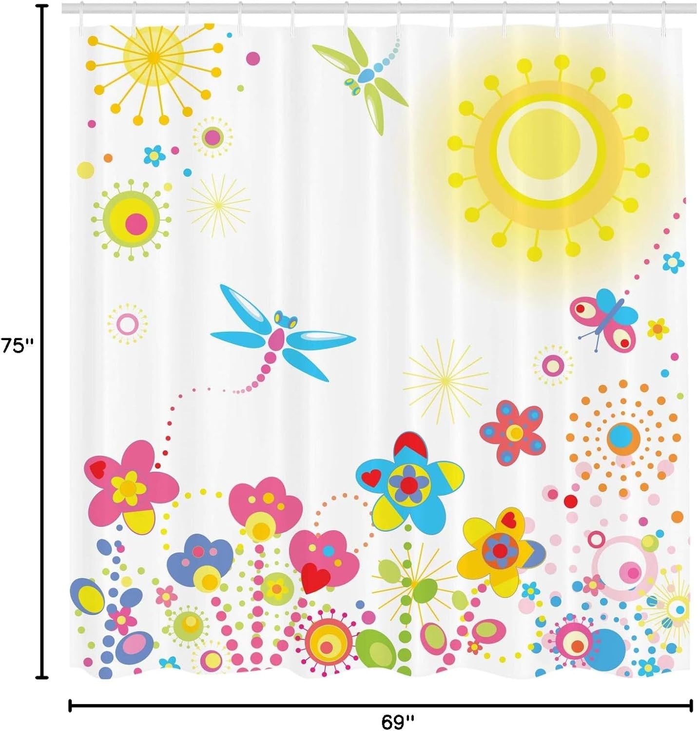 Ambesonne Dragonfly Shower Curtain, Summer Themed Floral Backdrop with Sun Rays Colorful Dandelions Happiness Graphic, Cloth Fabric Bathroom Decor Set with Hooks, 69" W x 75" L, Multicolor