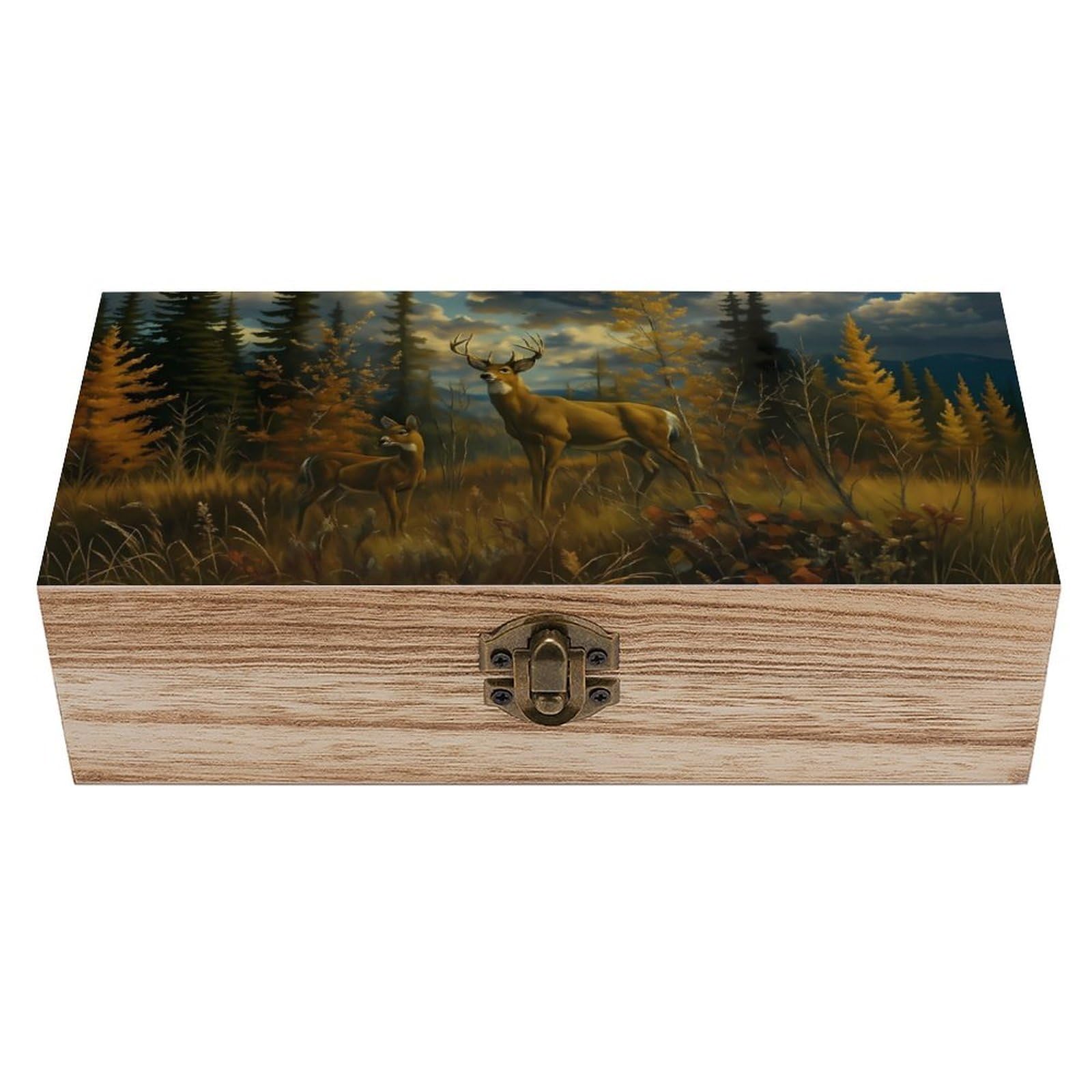 Oudrspo Deer in Autumn Retro Wooden Storage Box Keepsake Jewelry Decorative Art Storages Box Gift Boxs