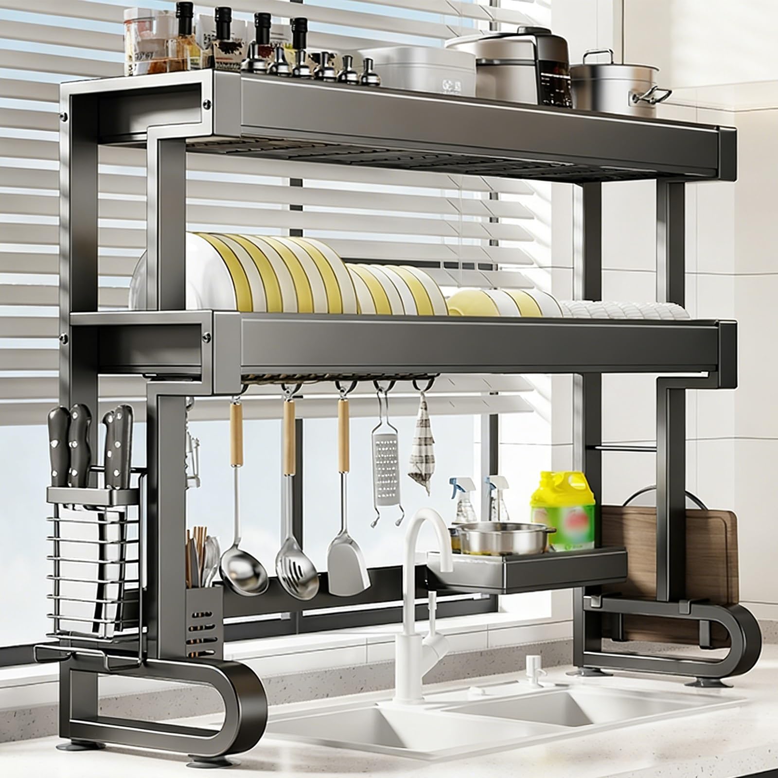 Escurridor de platos grande de acero al carbono, organizador de almacenamiento de cocina, ahorro de espacio para platos, vasos, cuencos y cubiertos