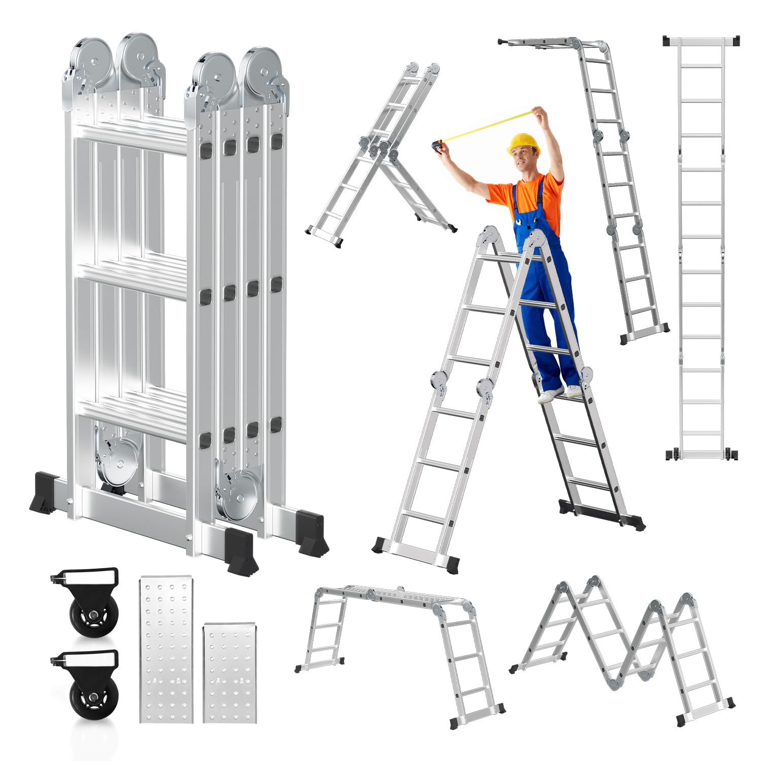 Sonnewelt Drabina wielofunkcyjna 4 x 3 stopnie, aluminiowa drabina z 2 platformami 3,6 m, wielofunkcyjna drabina ze szczeblami do 150 kg, drabina przegubowa, drabina składana, 12 stopni, srebrna