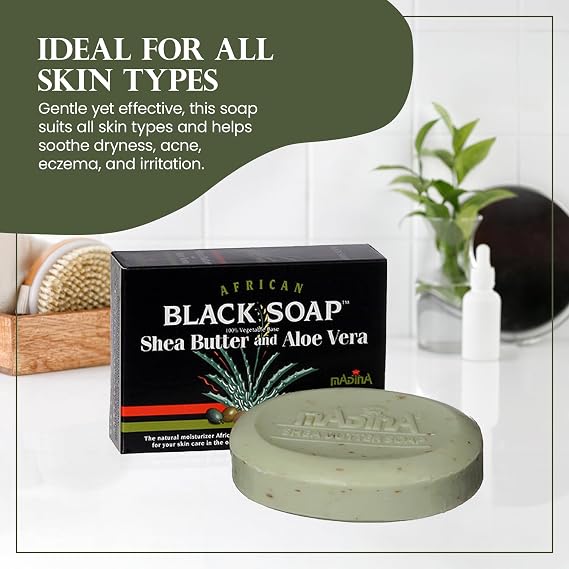 Madina African Black Soap Bar Shea Butter, Aloe Vera, Moisturizing, Gentle Exfoliating, 100% Vegetable-Based, For All Skin Types, Face & Body Cleanser, 6 Pack (3.5 oz Each)