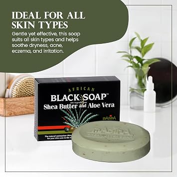 Madina African Black Soap Bar Shea Butter, Aloe Vera, Moisturizing, Gentle Exfoliating, 100% Vegetable-Based, For All Skin Types, Face & Body Cleanser, 6 Pack (3.5 oz Each)