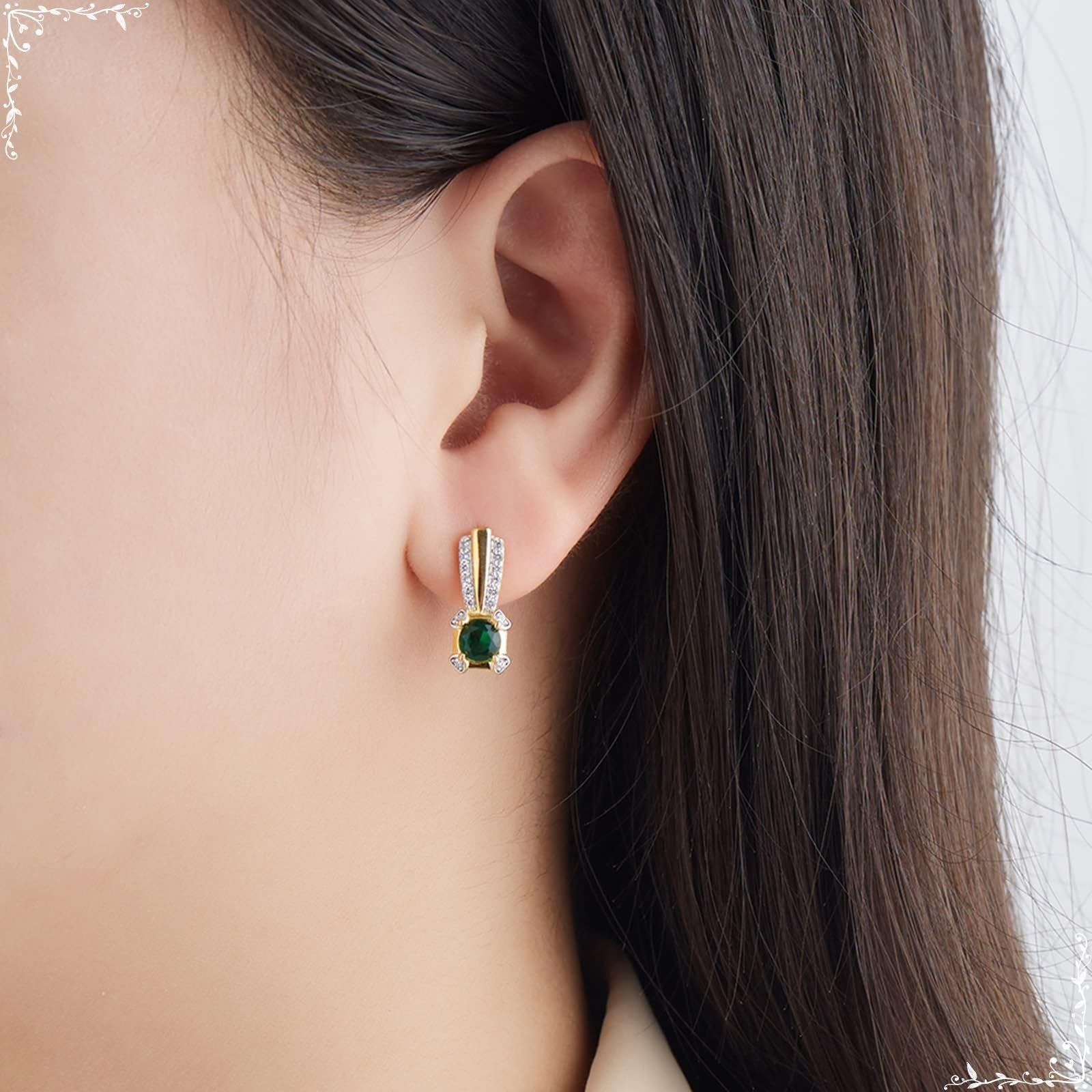 AMDXD Pendientes de mujer de oro amarillo Au585, línea de aro con tsavorite verde, oro de 14 quilates, moissanita, pendientes pequeños y auténticos