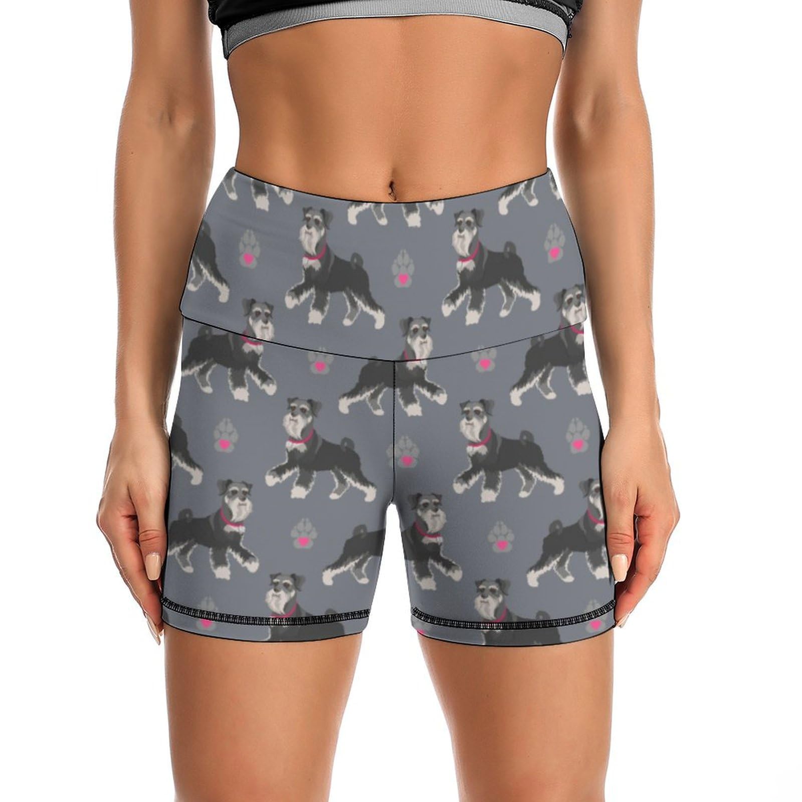 Cute Dog of Schnauzer Animal Pattern High Waist Yoga Shorts for Women Athletic Shorts Leggings Running Pants Black