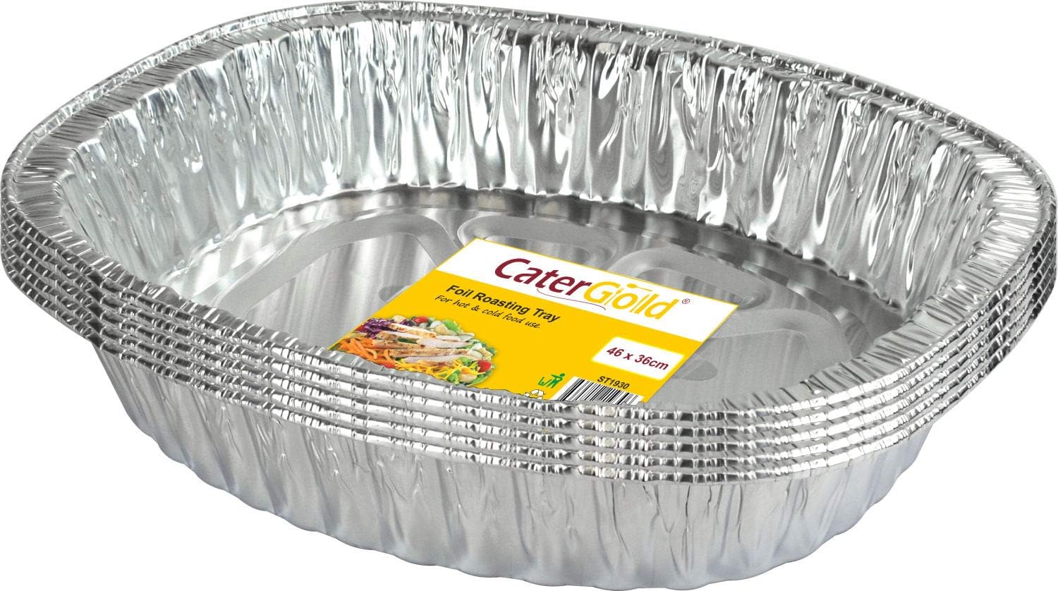 Large Oval Disposable Aluminium Foil Trays 46 x 36 x 8cm Approx (5 Pack) - Baking Pan - Practical, Disposable - Silver