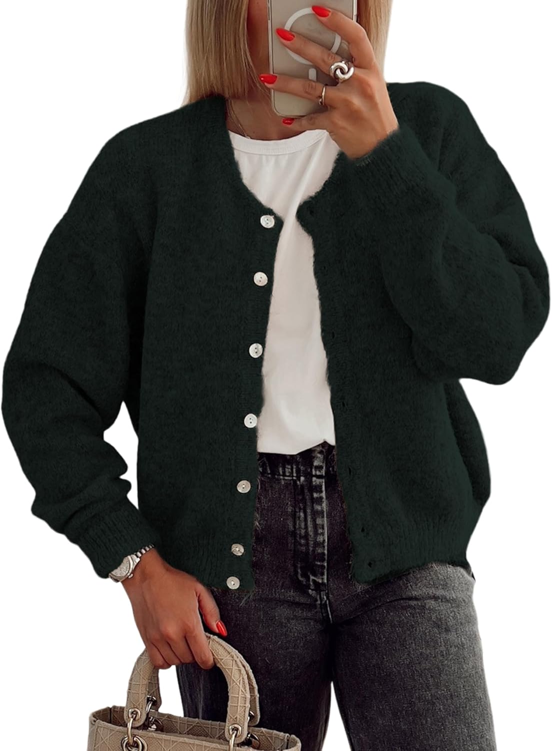 Women's Long Sleeve Front Button Y2k Cardigan Sweaters Crew Neck Loose 2025 Fall Tops