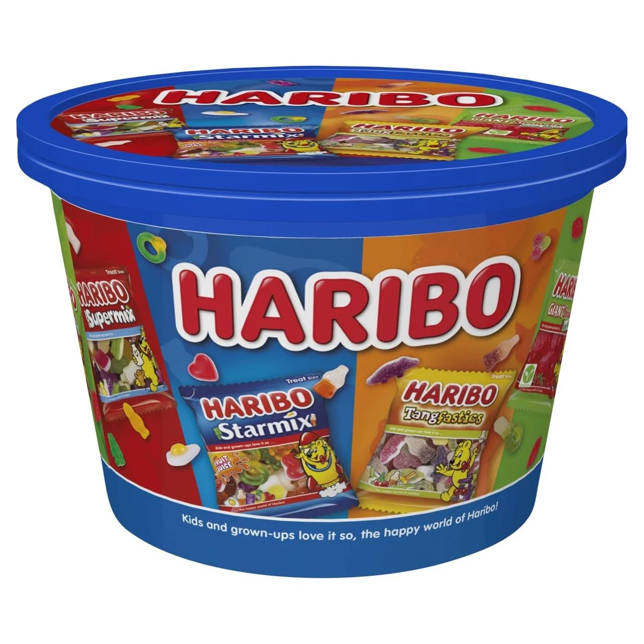 Haribo Sweets Sharing Tub, Assorted Gummy Candies with Starmix, Tangfastics, Giant Strawbs Gone Mini, Supermix, 24 Treat Bags, 600g