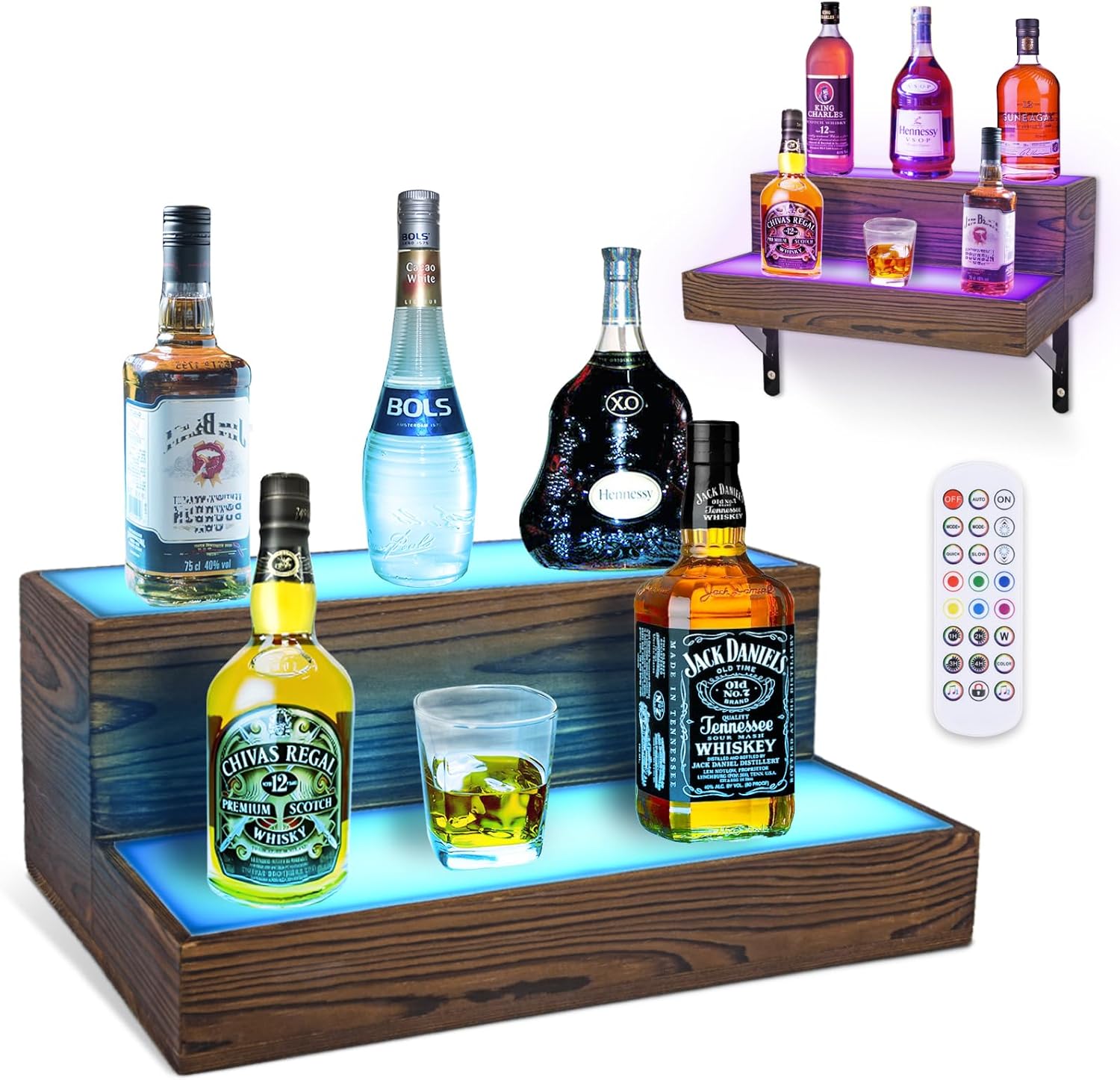 Wine Rack with LED Light Liquor Bottle Display Shelf Wall Mounted, 2 Tier Acrylic Illuminated Bar Bottle Display Case Floating Shelf RGB Lighting for Home Commercial Bar Party