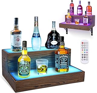 Wine Rack with LED Light Liquor Bottle Display Shelf Wall Mounted, 2 Tier Acrylic Illuminated Bar Bottle Display Case Floating Shelf RGB Lighting for Home Commercial Bar Party