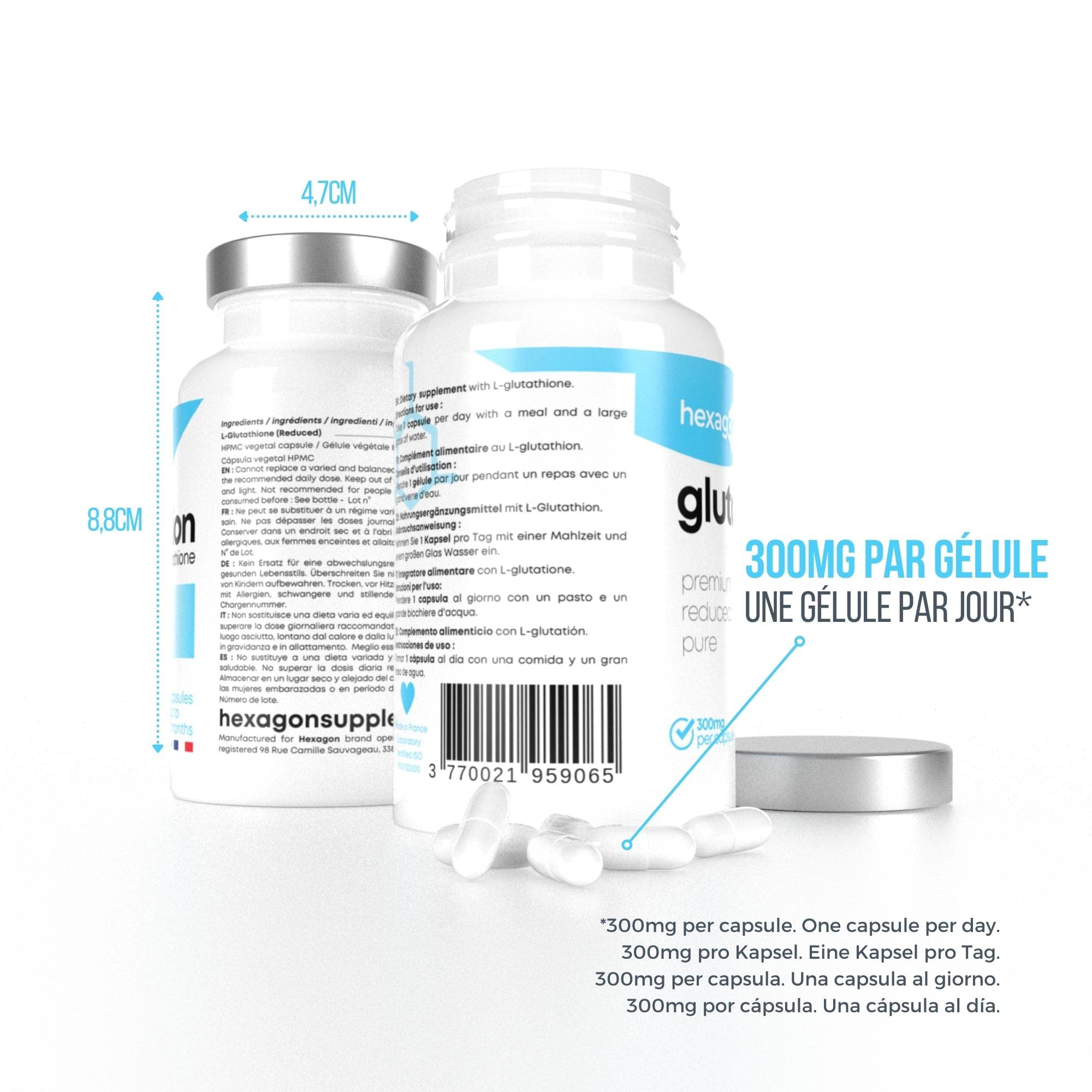 L-Glutathion 300mg - +2 Mois de Cure - Antioxydant & Détoxifiant - Boost Glutathion, Peau Nette - Réduit & Disponible - 60 Gélules Végétales - Vegan - Sans Additifs - Made in France - Hexagon