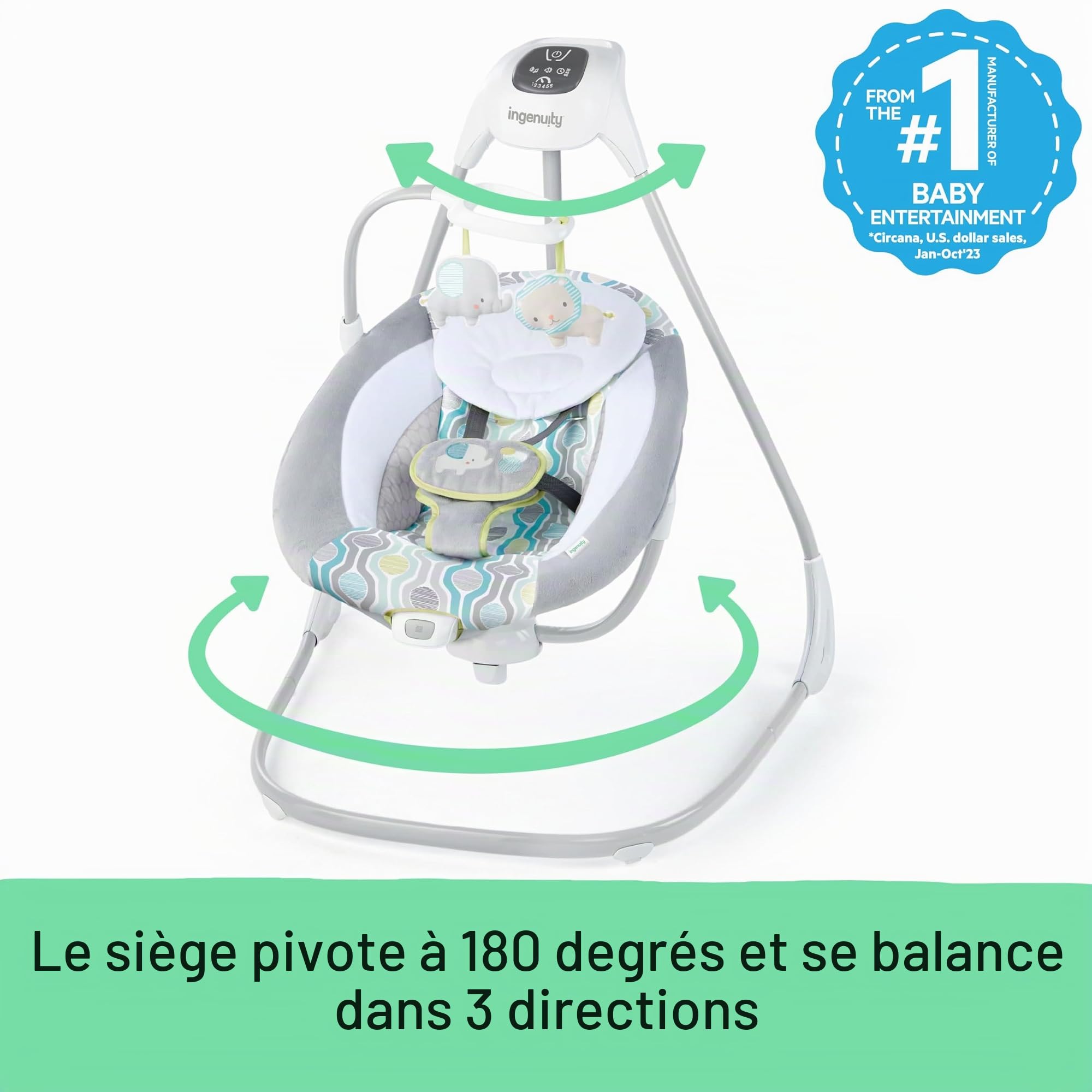 Ingenuity Balancelle Toutconfort Everston, 6 vitesses, 3 sens de balancement, 8 mélodies,3 sons de la nature, mobile avec 2 jouets en peluche, siège tourne à 180 degrés, dès la naissance à 9 kg