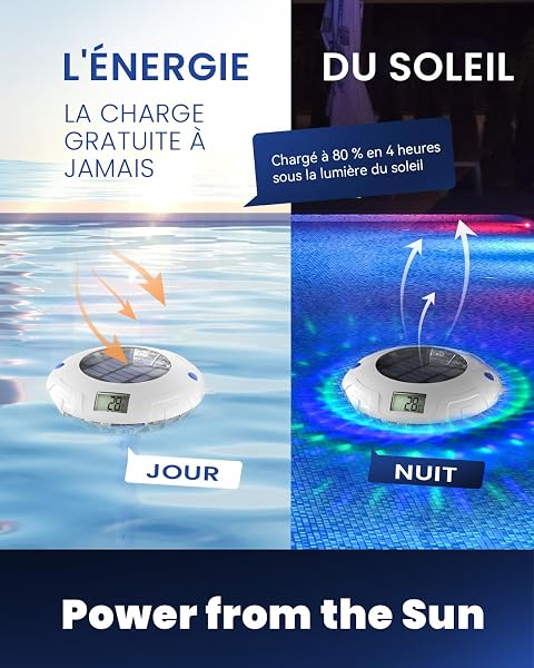 Lampe de piscine solaire avec double écran LCD, thermomètre de piscine flottant facile à lire, 8 effets lumineux dynamiques, thermomètre numérique étanche IPX7 - 4