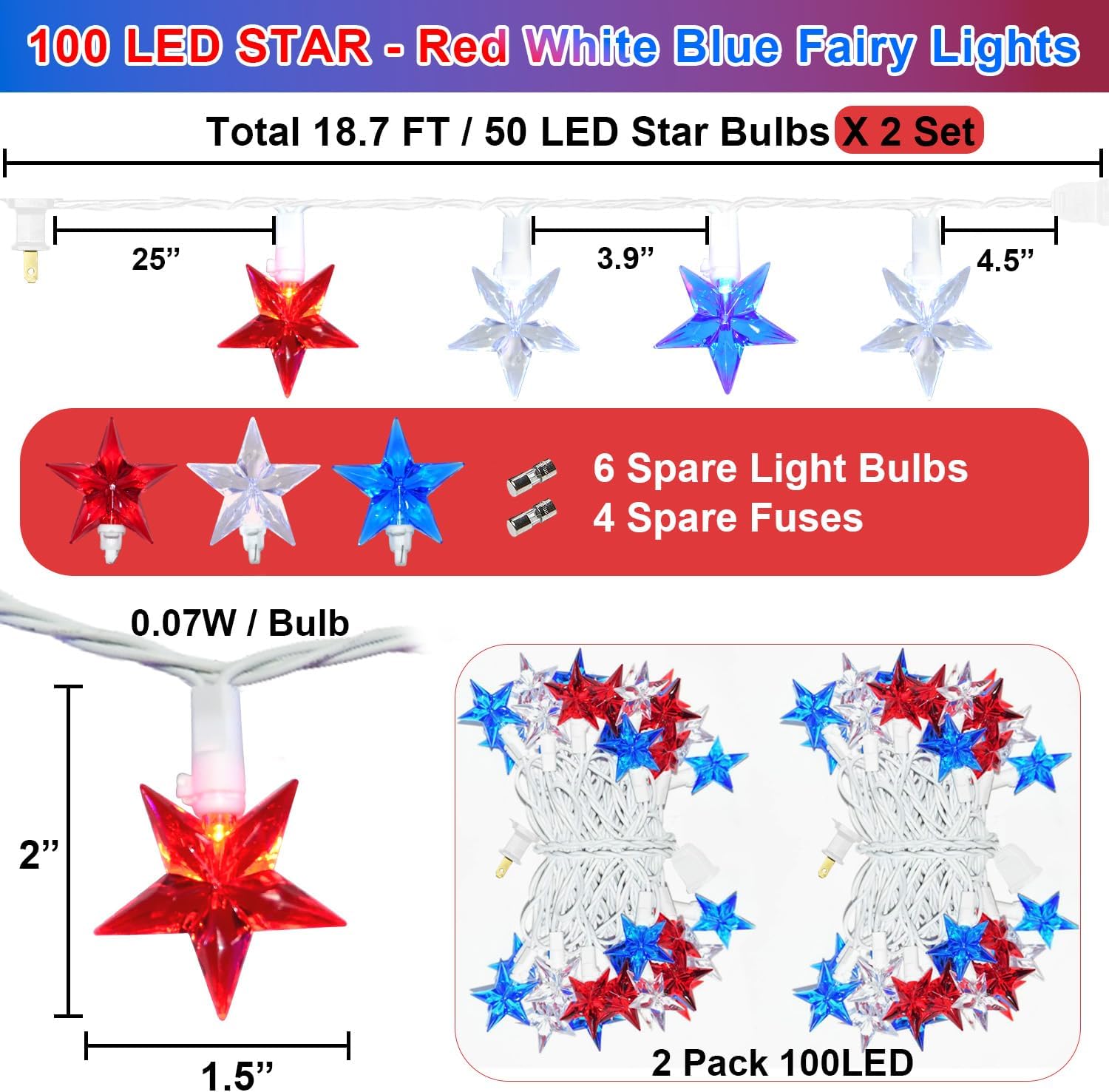 PASUTO 100 LED Red White and Blue Star Lights, 37FT 4th of July Star String Lights Plug in for Home Patio Garden Yard Memorial Day Independence Day Patriotic Decorations Outdoor, White Wire