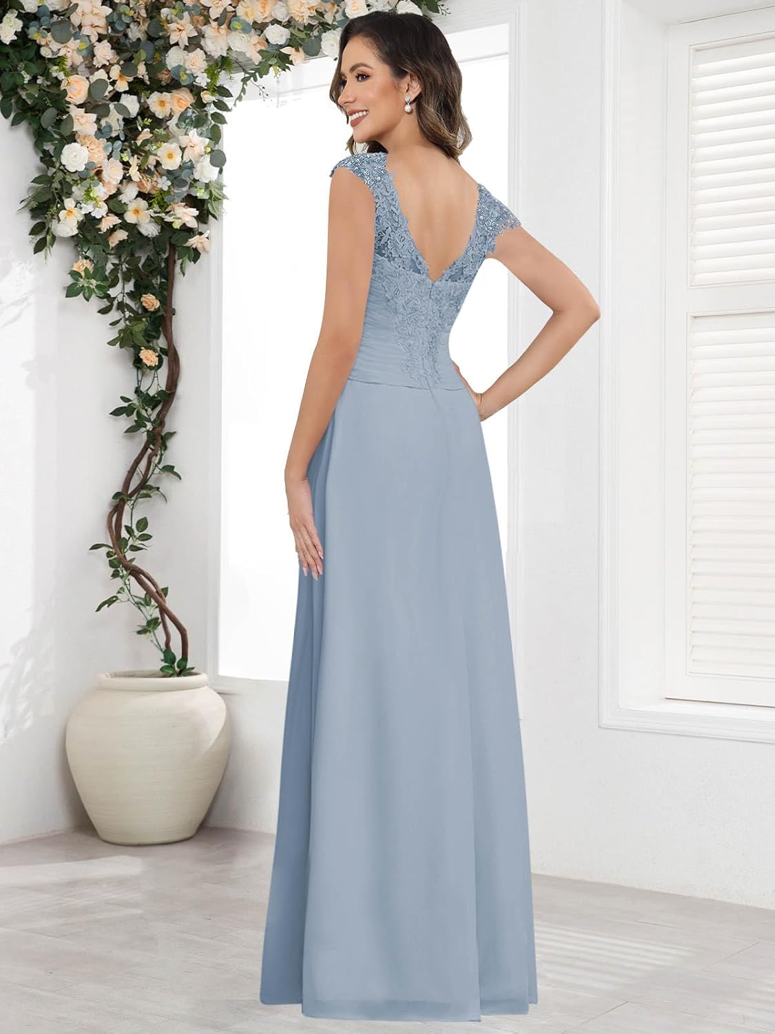 Cap Sleeve Mother of The Bride Dresses V Neck Chiffon Lace Formal Gown Long Ruffle Bridesmaid Dress - Image 3