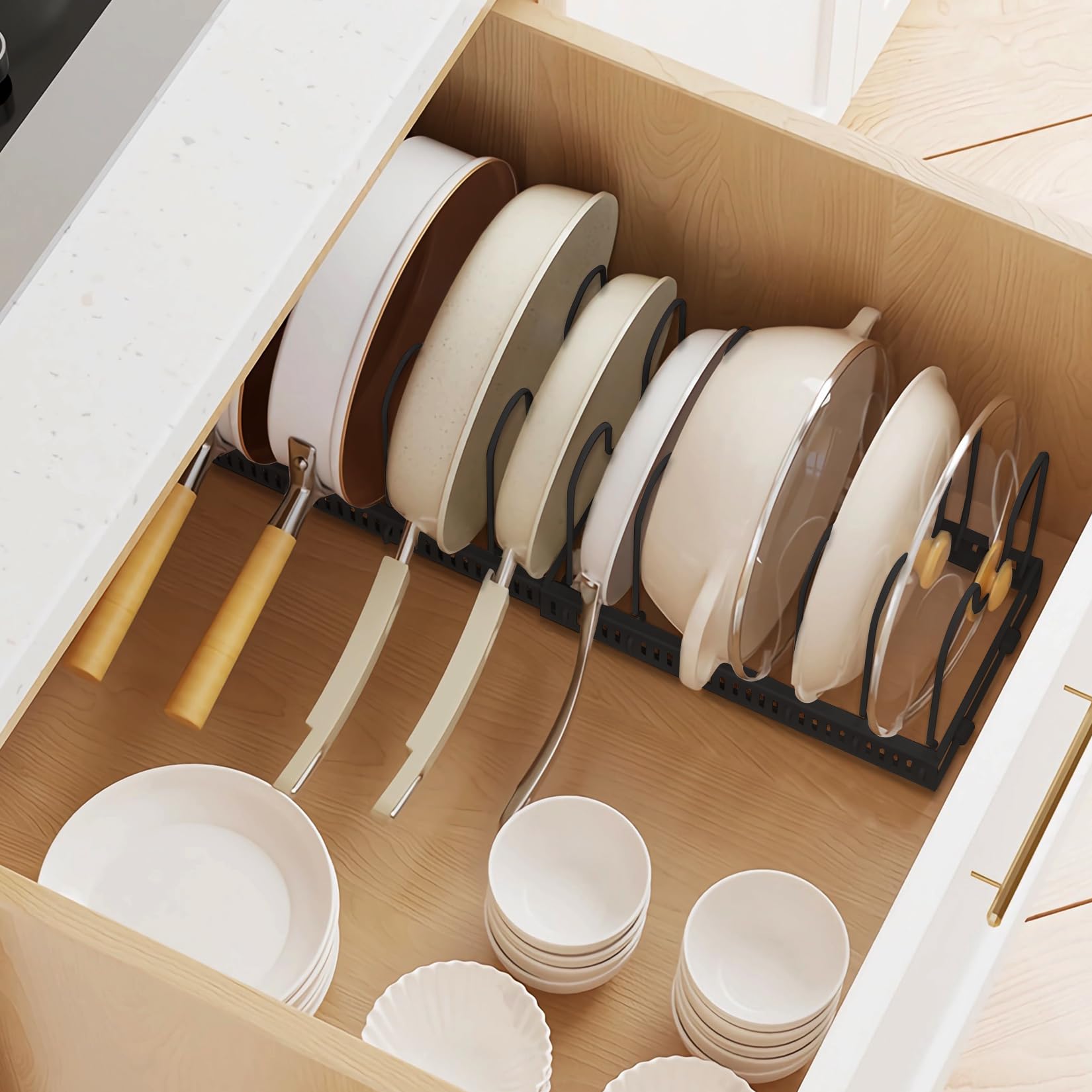 Porta Coperchi Pentole Salvaspazio, Organizer Pentole e Padelle con 10 Scomparti Regolabili, Organizer Cucina, Porta Pentole Salvaspazio da Cassettone, Nero