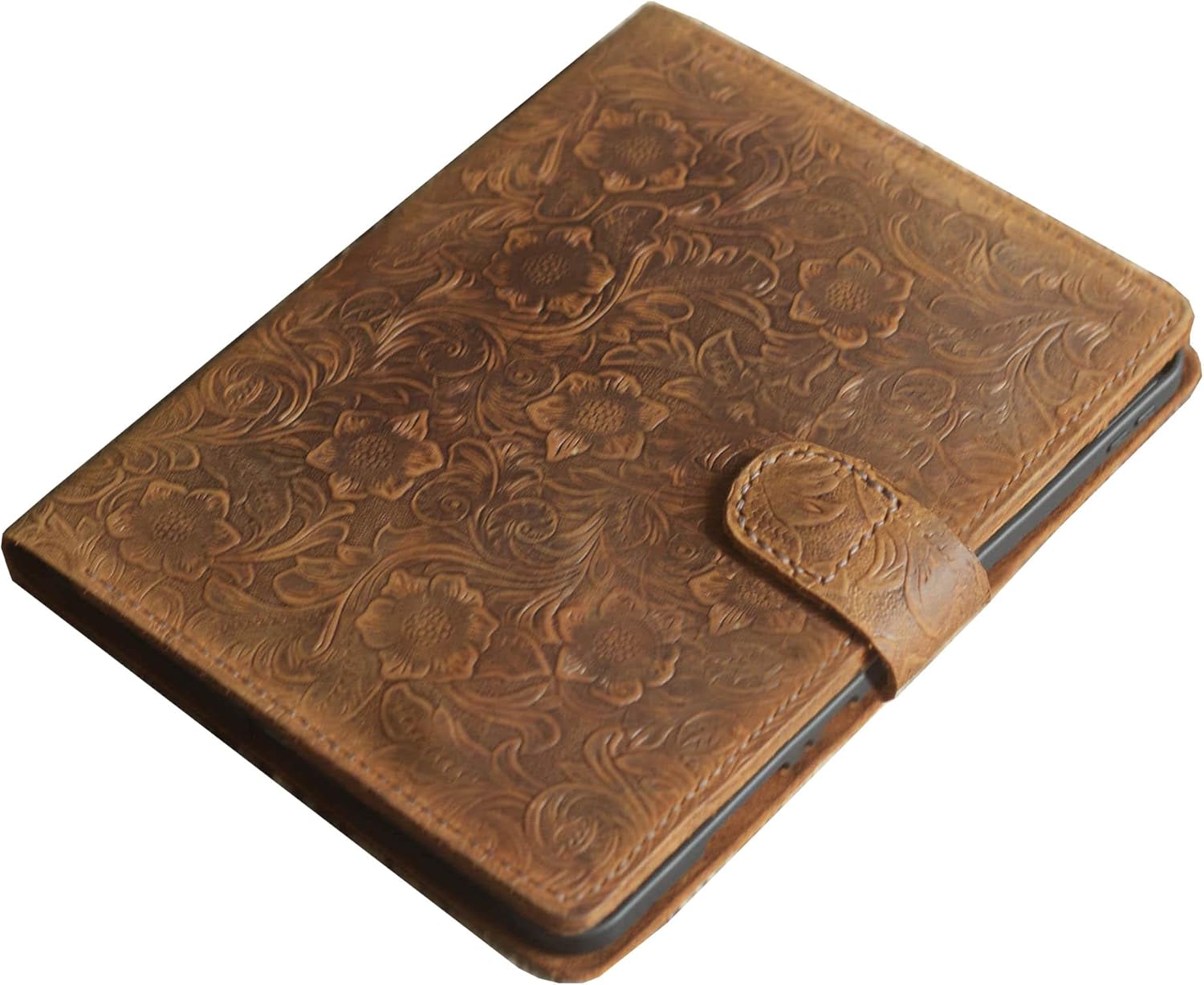 Floral Tooled Leather 2022 ipad pro 12.9 case, Leather ipad 10th gen case covers, Leather iPad mini 6 case, Brown 606