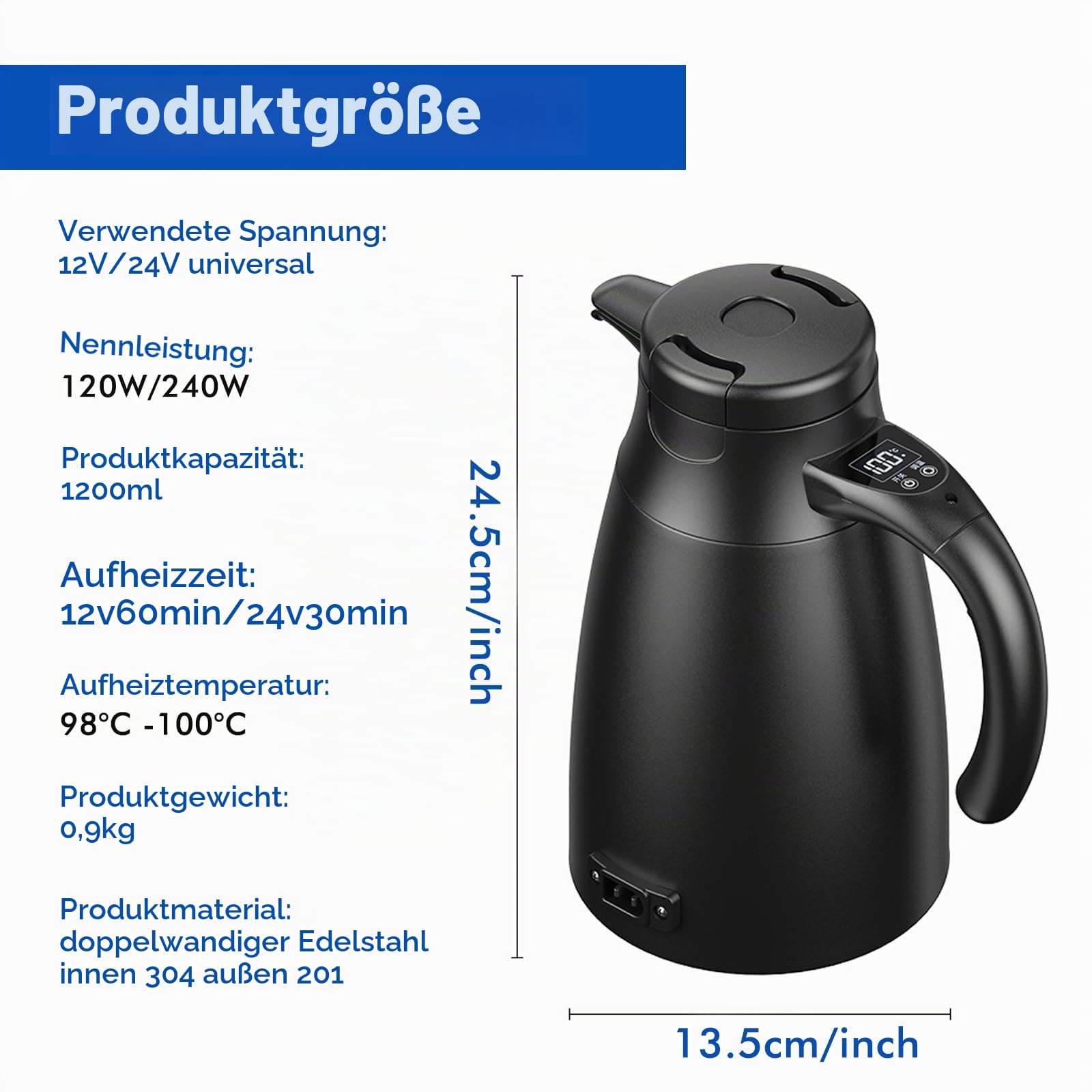 12V/24V Reise Wasserkocher Auto, 1,2 Liter Edelstahl Elektrischer Mobiler Reisewasserkocher mit Zigarettenanzünder Bis zu 100℃ mit LCD-Anzeige für Heißwasser Kaffee Tee, Auto LKW KFZ Camping