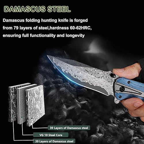 Miniatura 10 de Cuchillo de bolsillo plegable de Damasco para hombres, cuchillo de caza de campamento con bloqueo de forro para supervivencia al aire libre, regalos