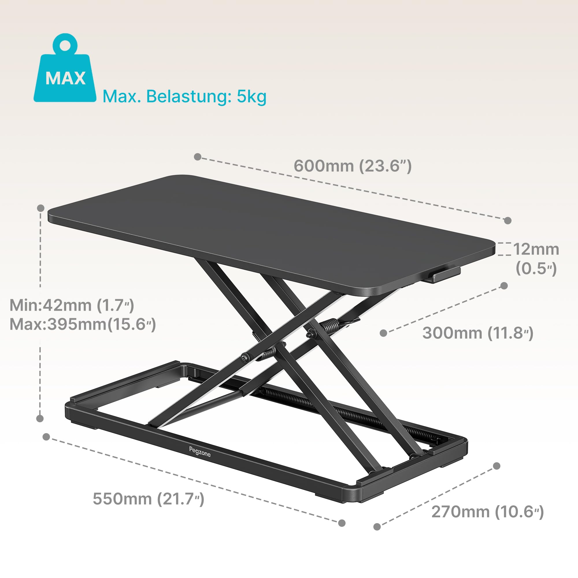 PEGZONE Steh-Sitz Schreibtisch Höhenverstellbar, Ergonomisch Schreibtischaufsatz, 61 x 30 cm Stehpult, Klappbar Laptoptisch, Schwarz