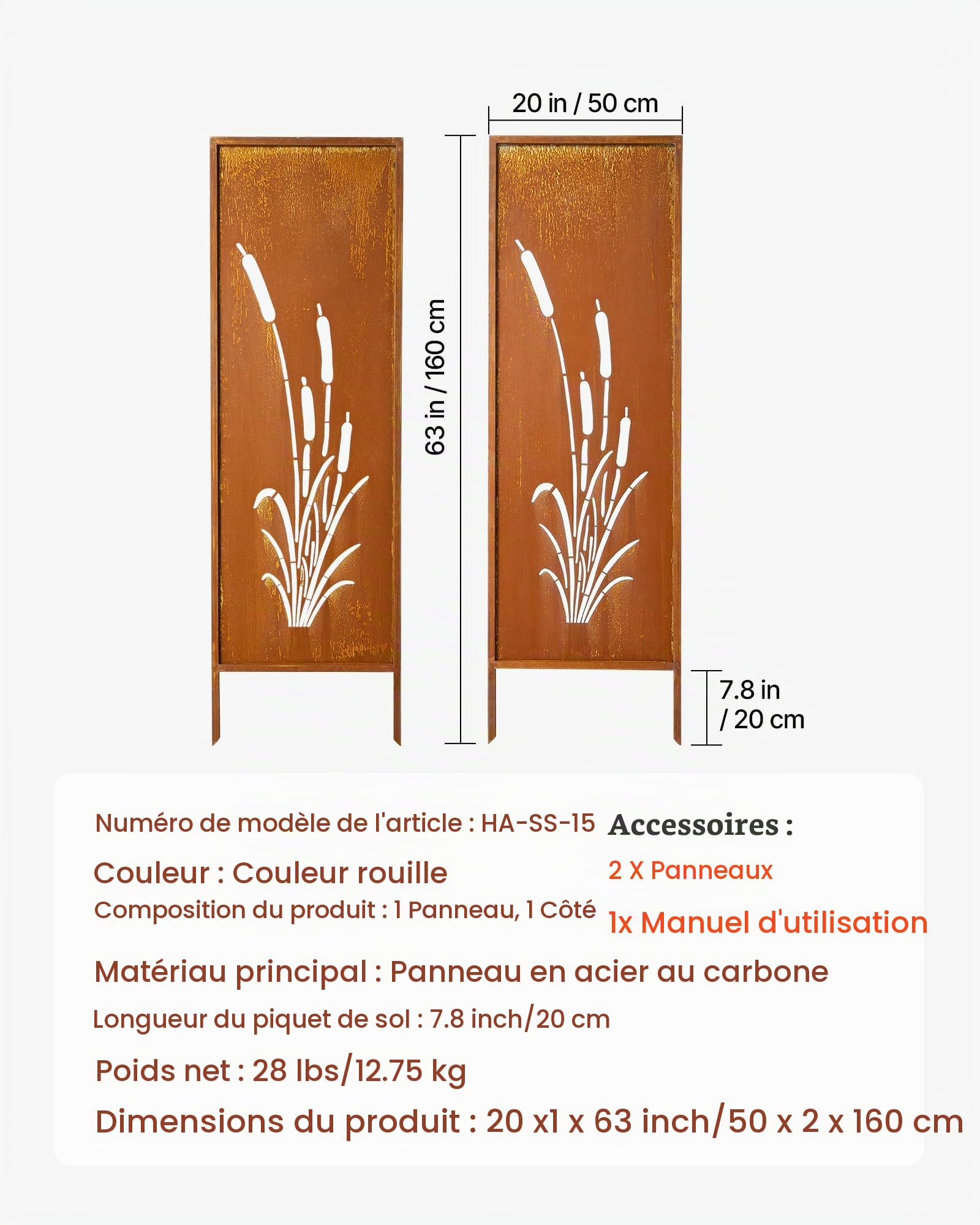 VEVOR Panneau Brise Vue Extérieur Métal 50x160 cm Paravent Extérieur Décoratif Autoportant, Séparation de Jardin, Écran d'Intimité, Acier au Carbone, Piquets de Sol, Motifs Naturels Ajourés, Lot de 2