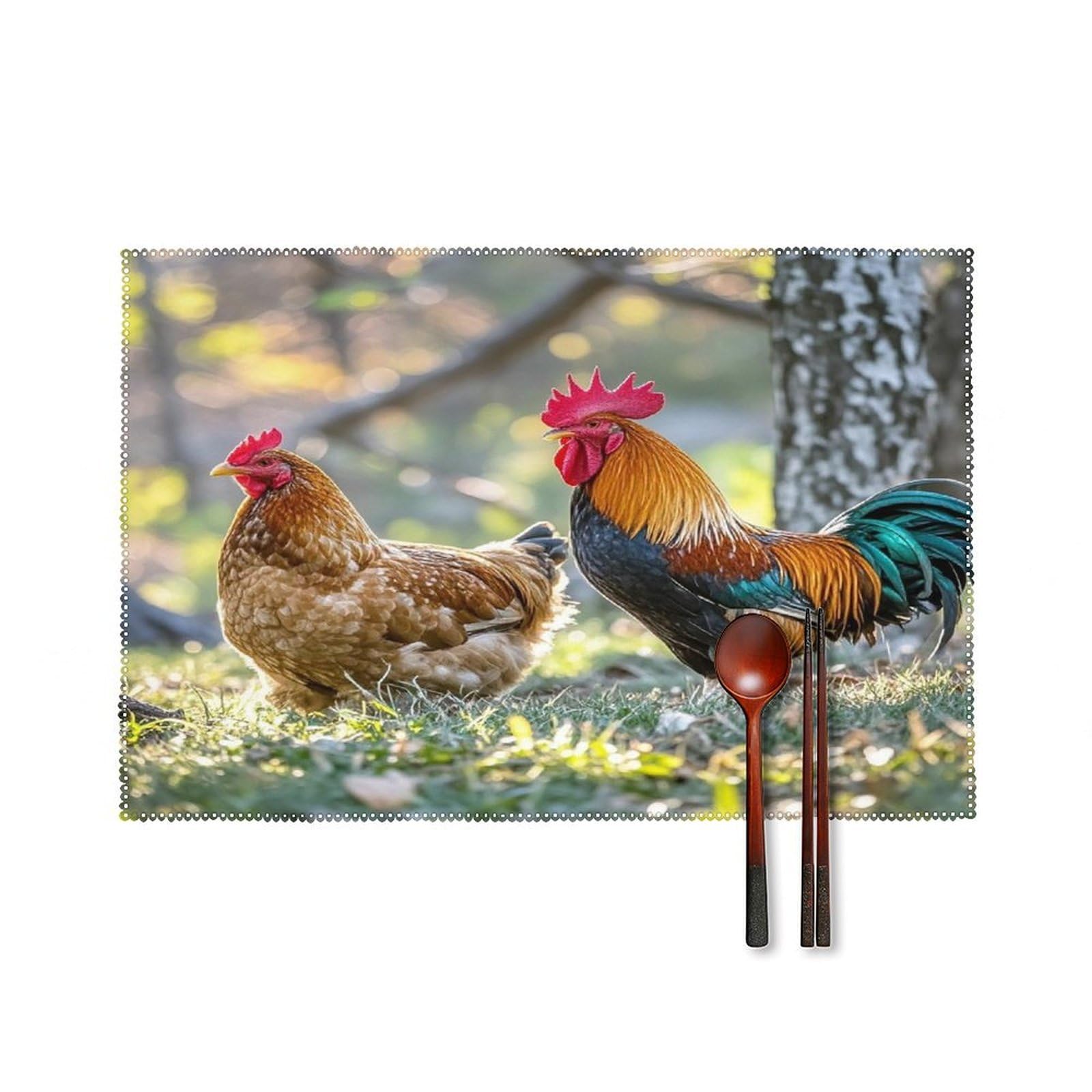 Beautiful Rooster Hen Placemats Set of 6 Heat Resistant Non-Slip Place Mats Washable Wipeable Table Mats Elegant Farmhouse Placemat for Kitchen Dining Outdoor Party Table Decor