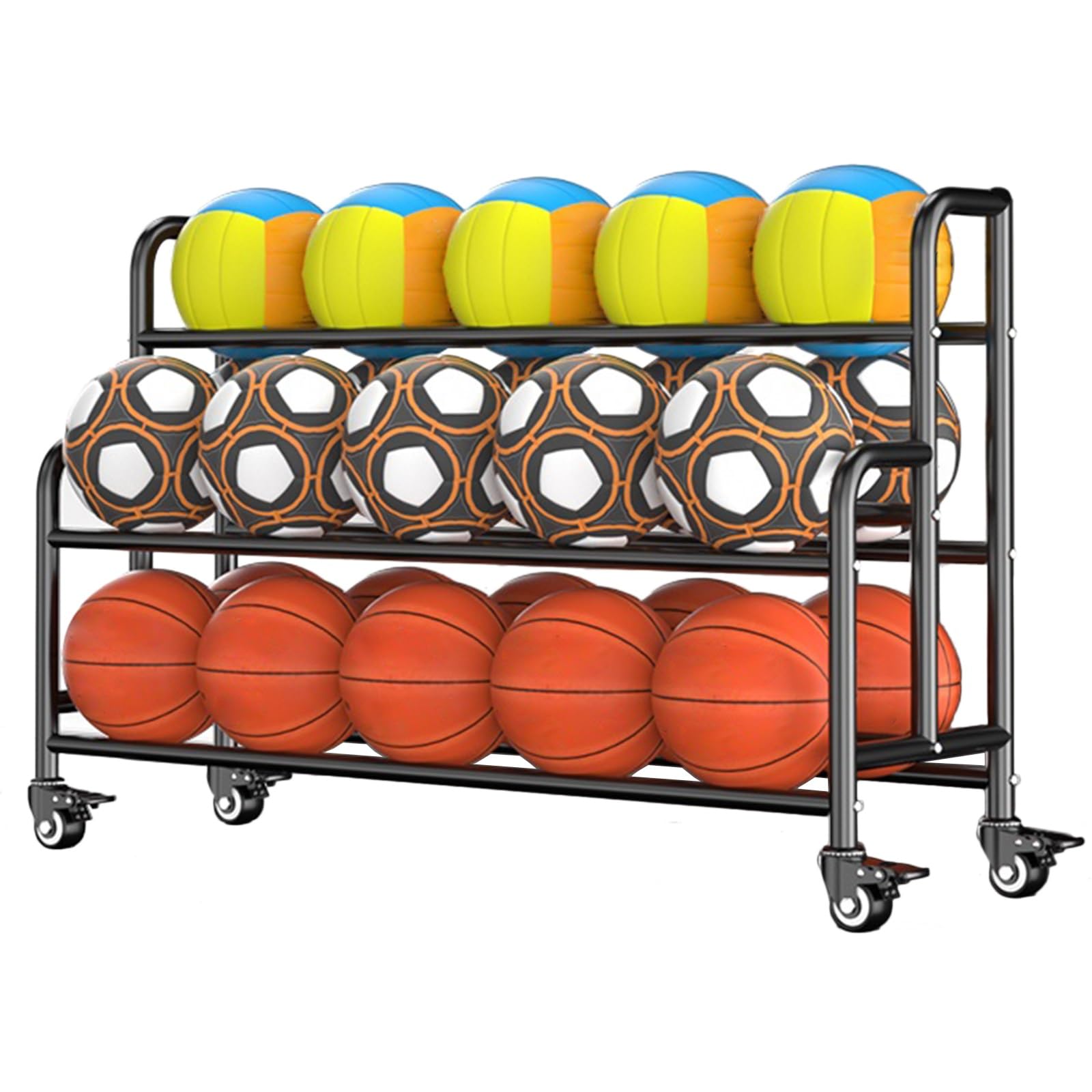 Organizador multideportivo de metal con ruedas de freno para pelotas