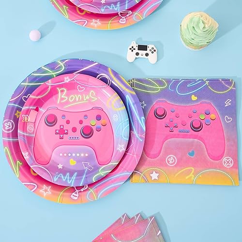 Miniatura 4 de Pink Video Game Party Plates and Napkins - 48 PCS Gamer Theme Party Supplies Girls Gaming Birthday Party Decorations Dinner Dessert Plates Paper