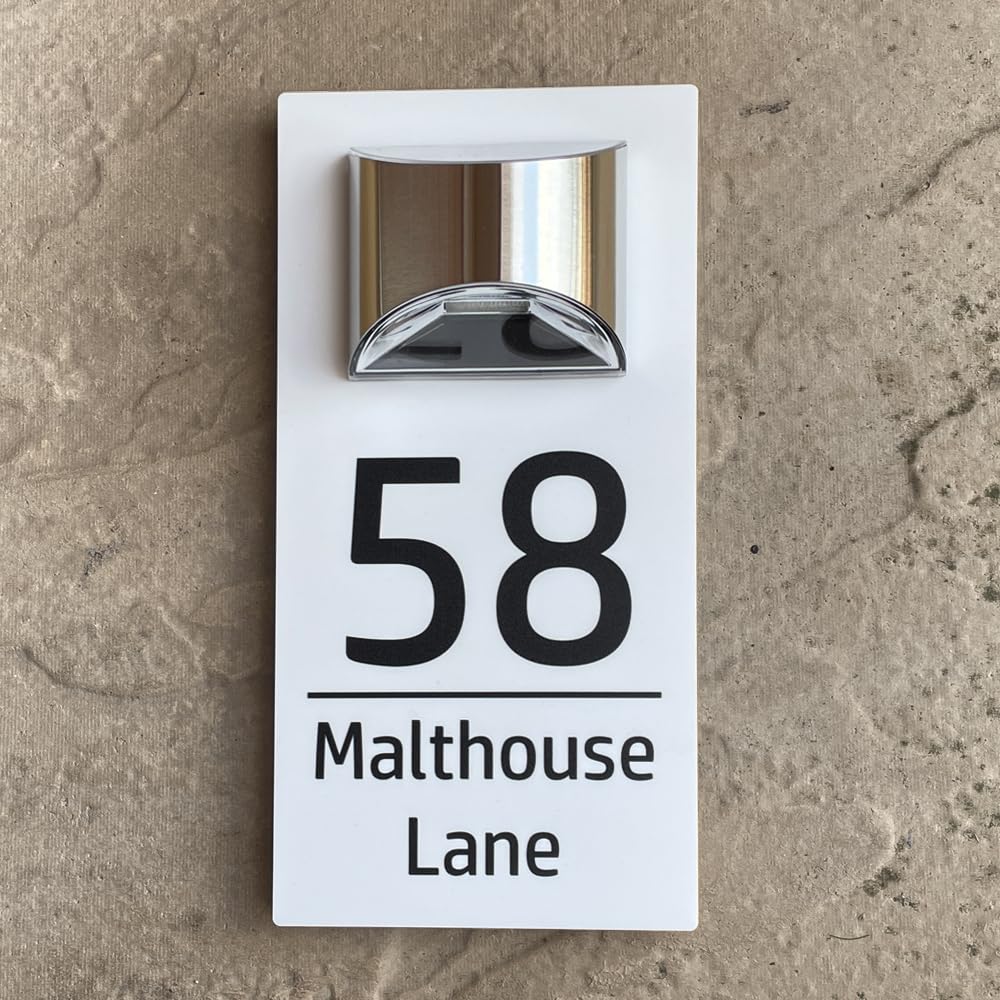 House Numbers Plaques With Solar Light Door Number House Signs Door For Wall House Name For Outside House Number Plaques With Light (Matt White & Classic Text)