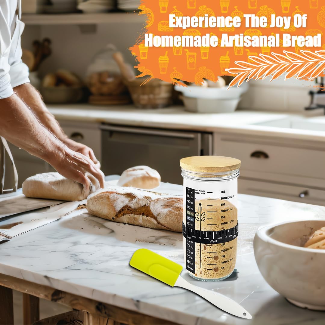 Kit de démarrage en verre pour levain - 650 ml - Récipient à levain réutilisable pour une cuisson facile du pain - Facile à utiliser et à nettoyer - Cadeau parfait pour la pâtisserie