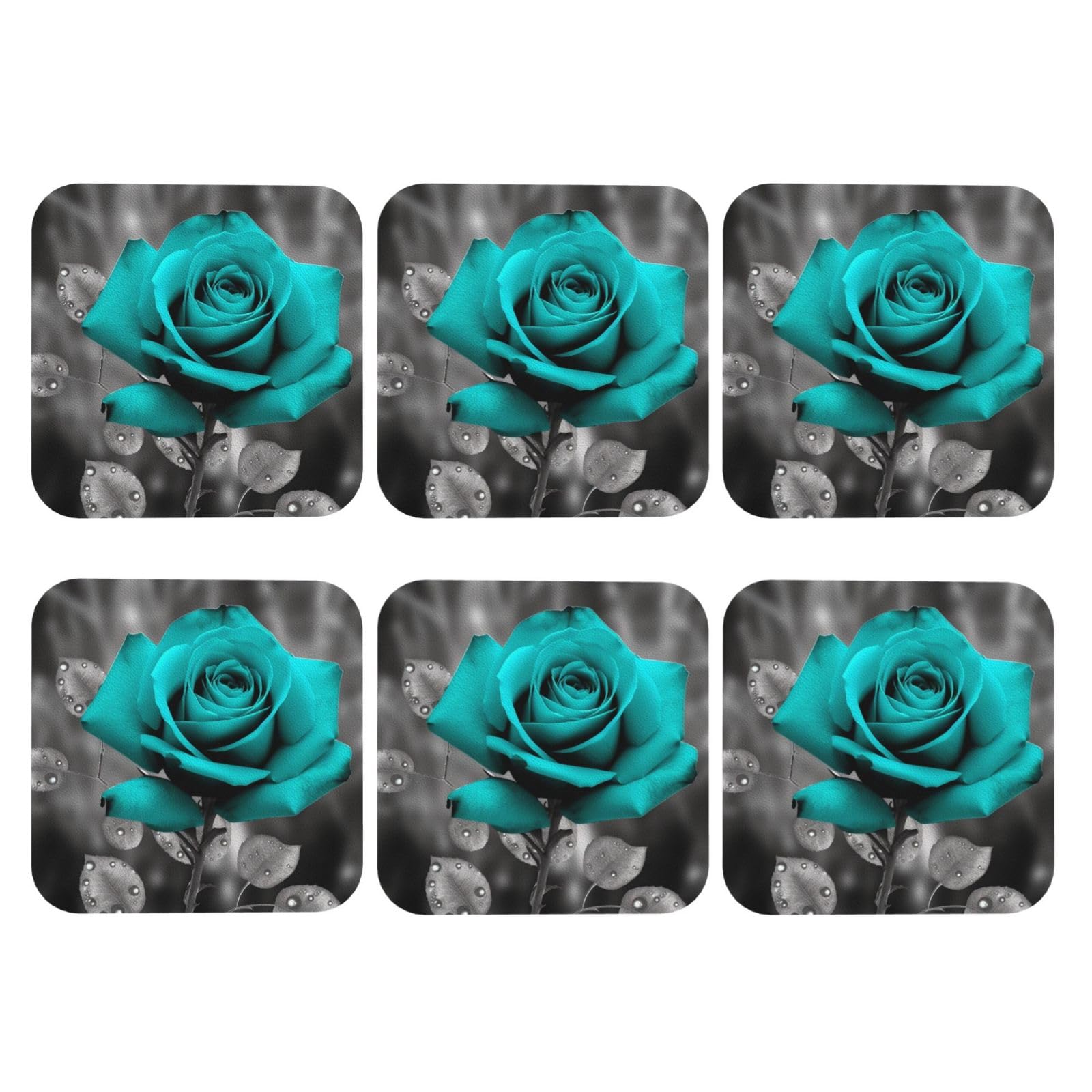PU Leather Coasters for Drinks Set of 6 - Teal Grey Rose Coaster for Tabletop Protection - Modern Drink Coasters for Coffee Table - Square Coasters for Home Decor 4" Cup Mat Pad