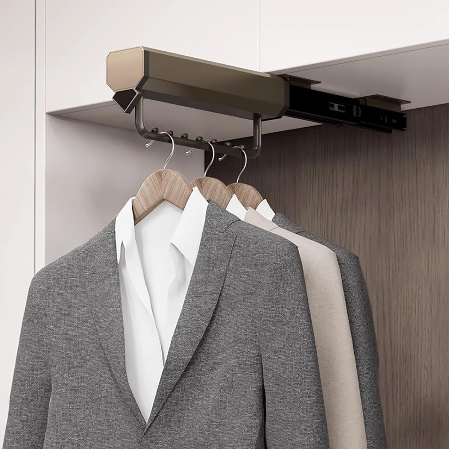 Metal Wardrobes Support Bracket w/Pull Out Rail, Closet Organization Sliding Pole for Hanging Clothes, Ceiling Mount Extension Coats Rod Tube(Beaded Version,28cm(11"))