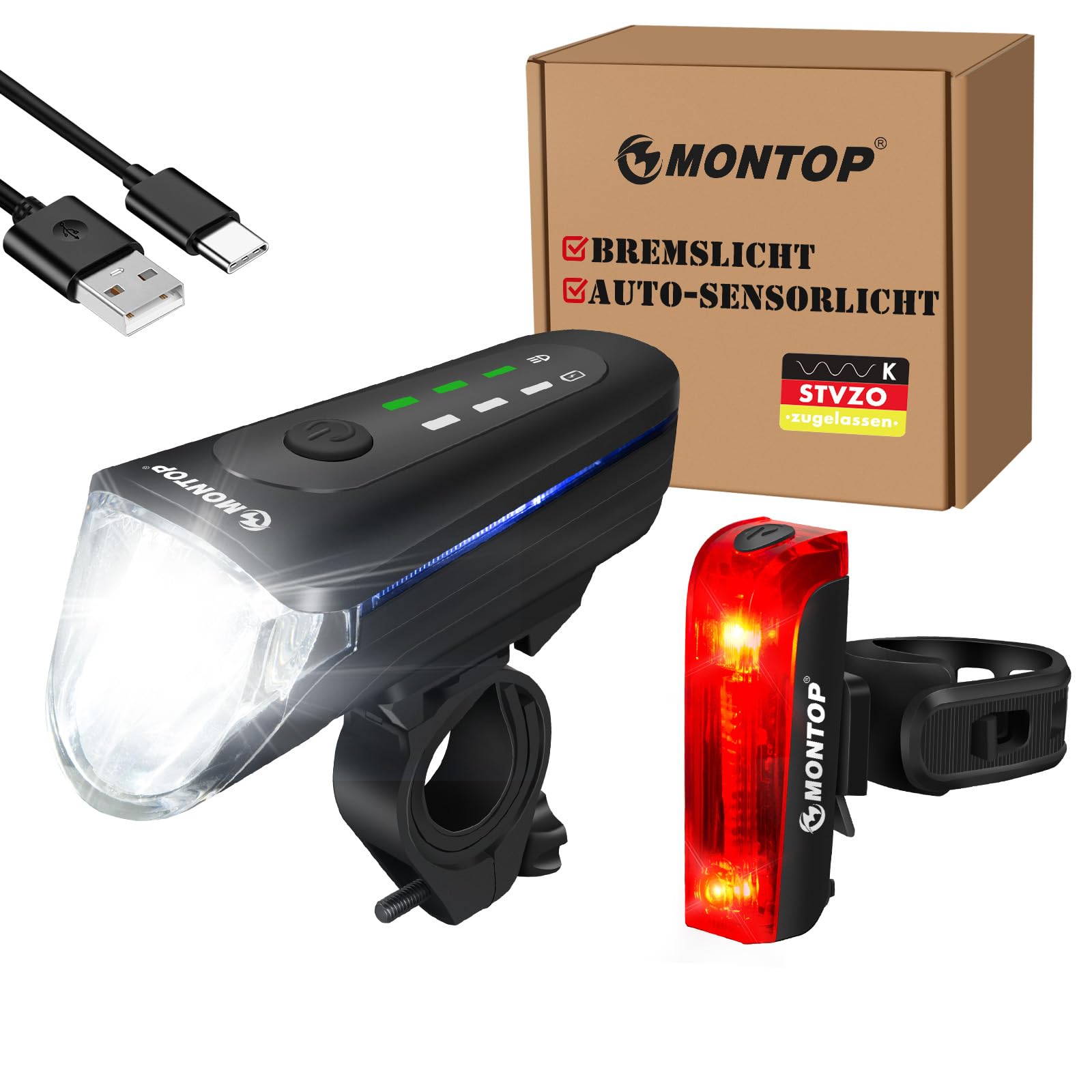 MONTOP Intelligente Fahrradlicht Set | StVZO Zugelassen Fahrradbeleuchtung mit Automatik-Modus | USB C Aufladbar Fahrradlichter Vorne und Hinten mit Bremslicht und Standlicht | 2026 Neuestes Modell