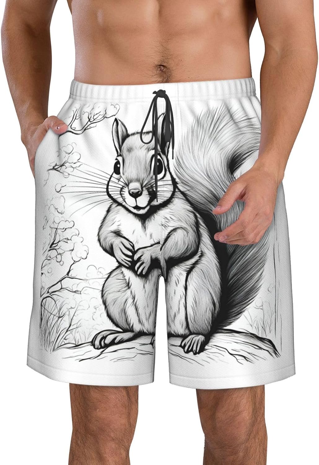 Cartoon Squirrel Print Men's Quick-Drying Shorts Casual Beach Pants Stretch Waist Shorts and Pockets