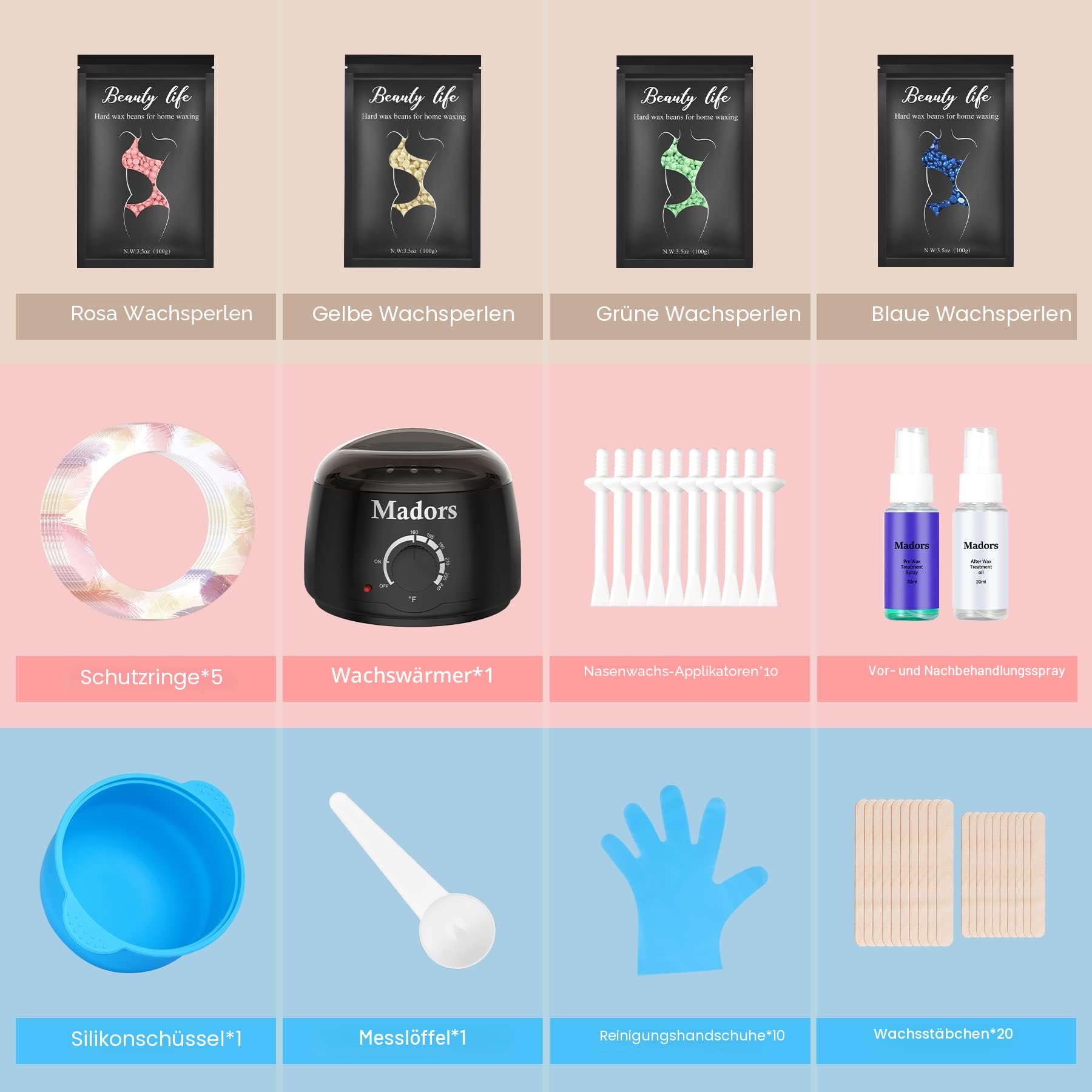Madors Wachswärmer Waxing Set mit 400g Wachsbohnen- Warm Wax Set wachsmaschine enthaarung set - Waxing Maschine für Wachs Haarentfernung Perlen für Ganzkörper Waxing zu Hause