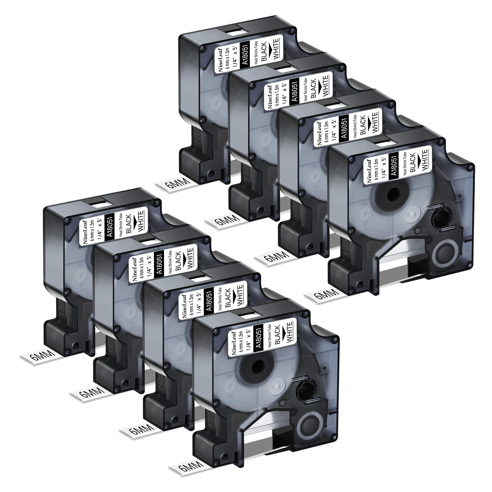 NineLeaf kompatibel für Dymo Rhino Industrie Schrumpfschlauch-Kabeletiketten 18051 S0718260 6mm x 1.5m Bänder Schwarz auf Weiß für Rhino 3000 4200 5000 5200 6000 3M PL150 Beschriftungsgerät, 8PK
