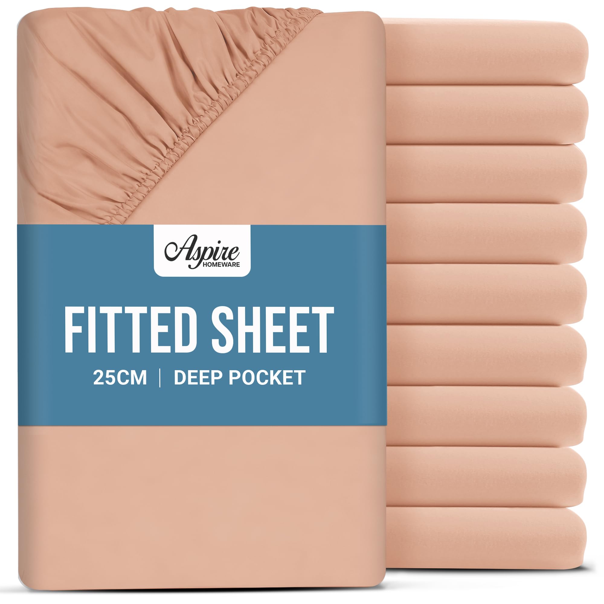Aspire Homeware Double Fitted Sheet 10 Pack - 25 cm Deep Hotel Quality (Peach) Bed Sheets - Soft & Breathable Fitted Bed Sheets Double - Anti-Wrinkle Easy Care Fitted Sheets