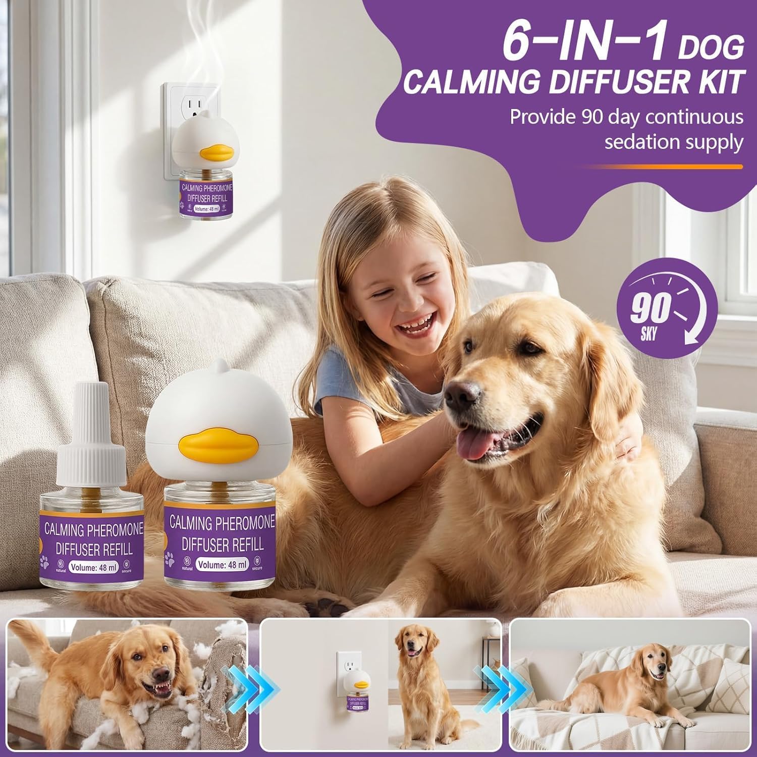Dog Calming Pheromones Diffuser 6 in 1 Kit Appeasing Pheromone Diffuser to Calm (2 Plug in+4 Pack 48ml Refill) for Anxiety Relief Reduce Aggression Fighting Barking Stress 120 Day Supply
