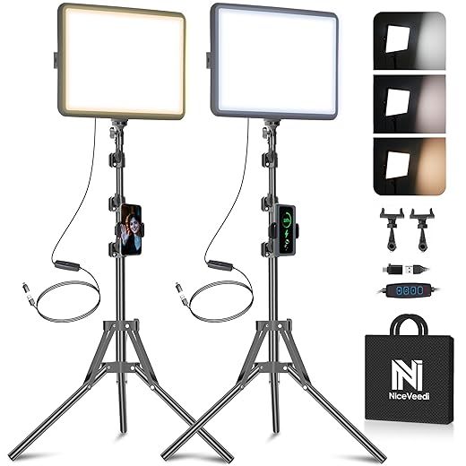 2-Pack LED Video Light Kit, NiceVeedi Studio Light, 2800-6500K Dimmable Photography Lighting Kit with Tripod Stand&Phone Holder, 73" Stream Light for Video Recording, Game Streaming, YouTube