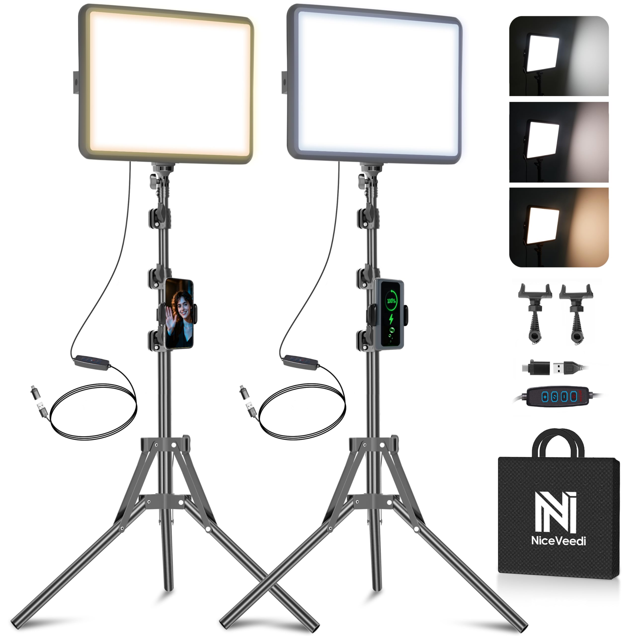 NiceVeedi 2-Pack LED Video Light Kit, Studio Light, 2800-6500K Dimmable Photography Lighting Kit with Tripod Stand&Phone Holder, 73" Stream Light for Video Recording, Game Streaming, YouTube…