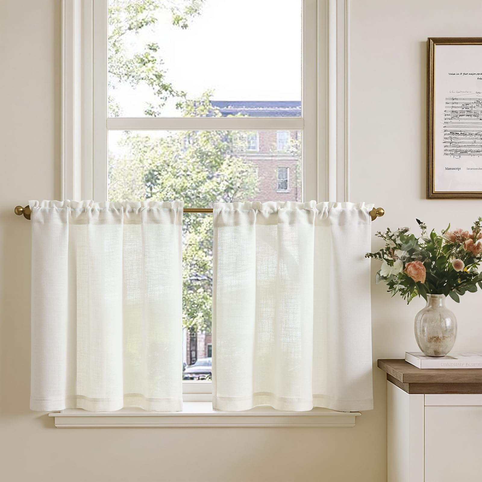 TOPICK Tendine per finestre in lino semitrasparenti, per soggiorno, casa di campagna, piccole finestre, 65 x 60 cm, colore bianco