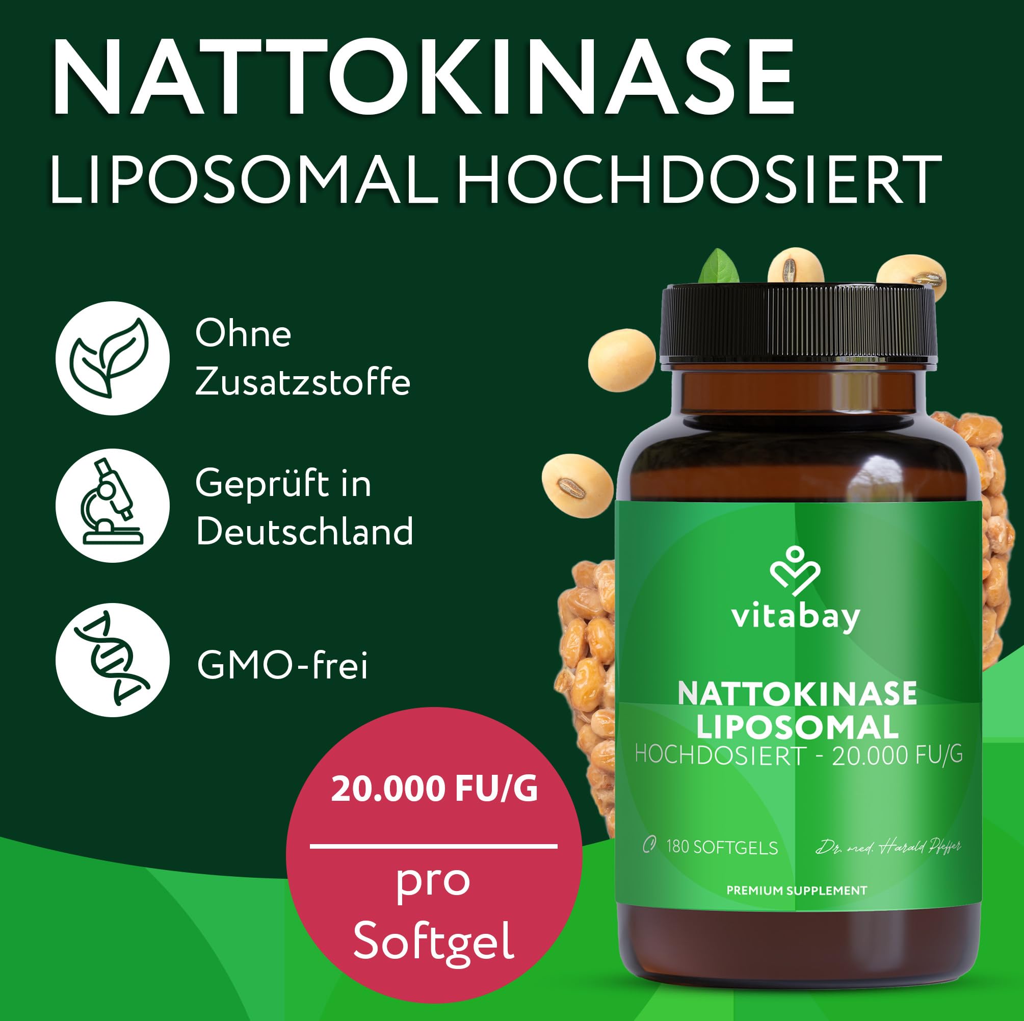 Vitabay Nattokinase 2.000 FU hochdosiert – 180 vegane Softgel-Kapseln – liposomale Nattokinase aus fermentierten Sojabohnen – ohne Vitamin K2, ohne Zusatzstoffe & laborgeprüft – Vorrat 6 Monate