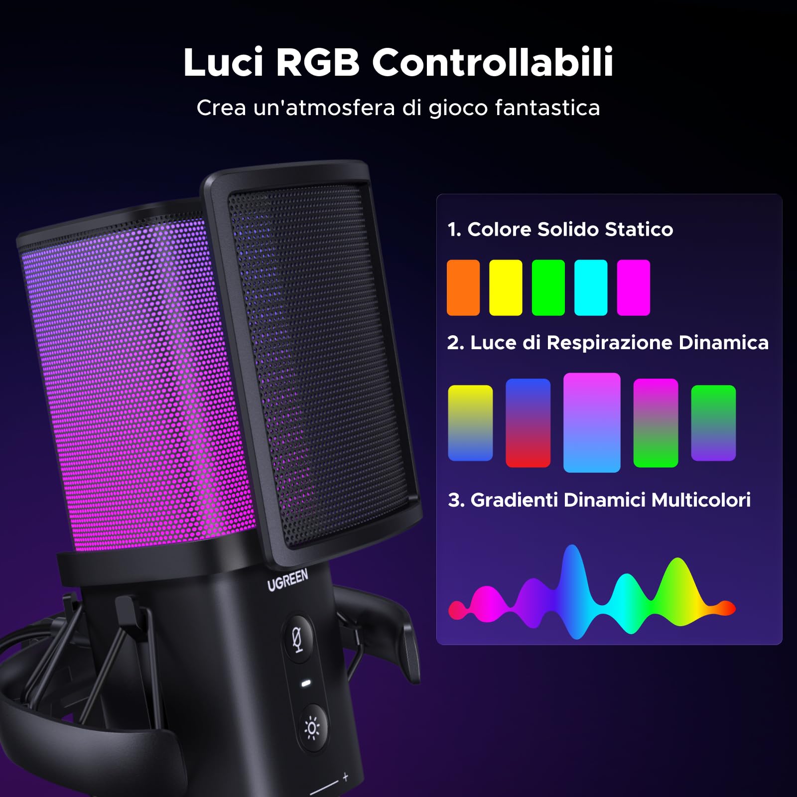 UGREEN Microfono Gaming USB con Effetti di Illuminazione RGB 24bit 96kHz Riduzione del Rumore DSP Adatto Per la Registrazione il Gioco Lo Streaming Live e i Podcast Compatibile con PS5 PS4 Laptop