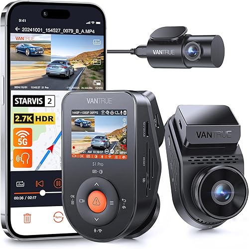 Vantrue S1 Pro Dual 1440P Dash Cam Front and Rear, Dash Camera w/2.7K, STARVIS 2, HDR Night Vision, 5G WiFi, 60FPS, Optional Remote Live View, GPS,
