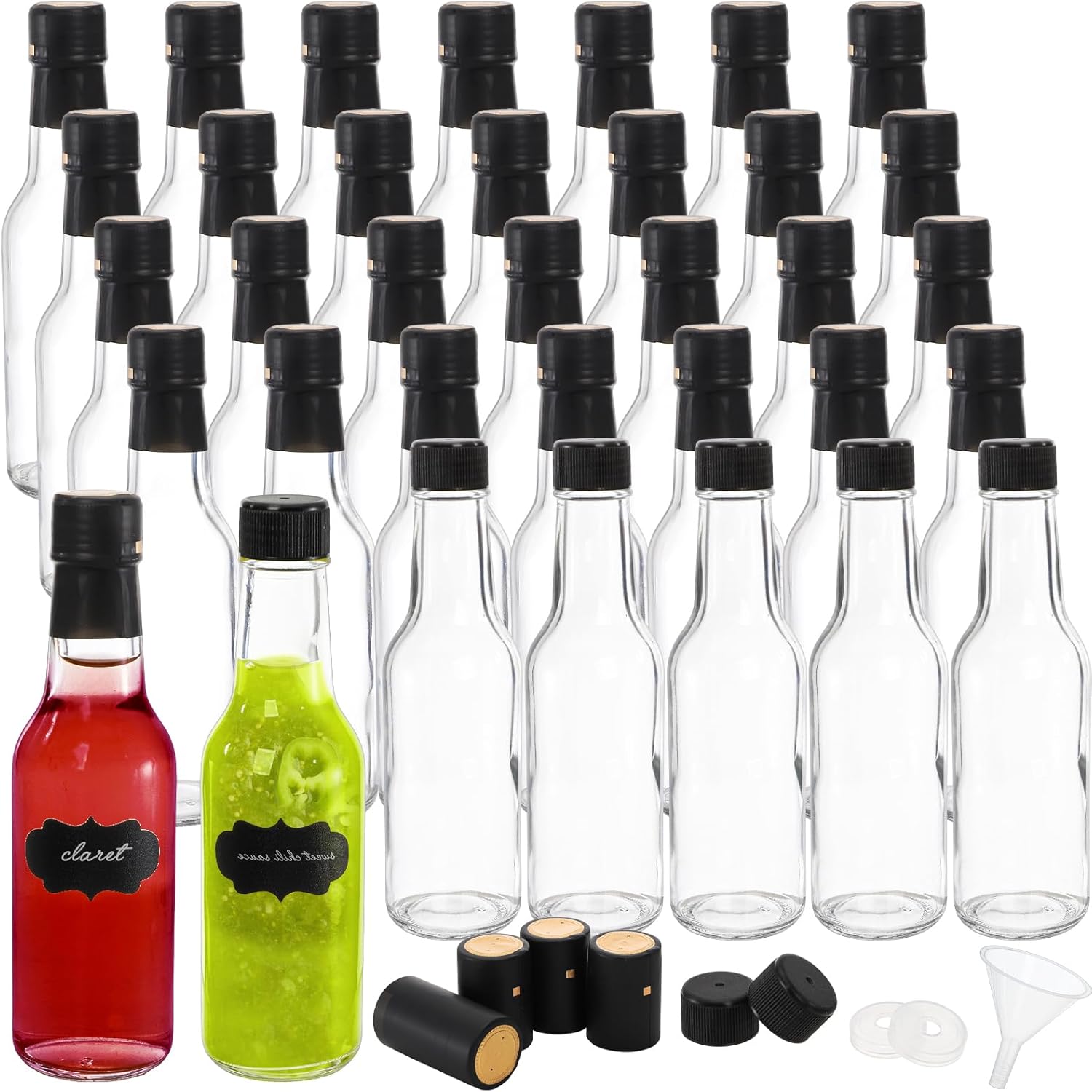 Cedilis 35 Pack Glass Woozy Bottles, 5oz Clear Hot Sauce Bottles, Small Empty Liquor Wine Bottle with Shrink Capsule, Black Screw Caps, Dripper Insert, Labels and Funnels