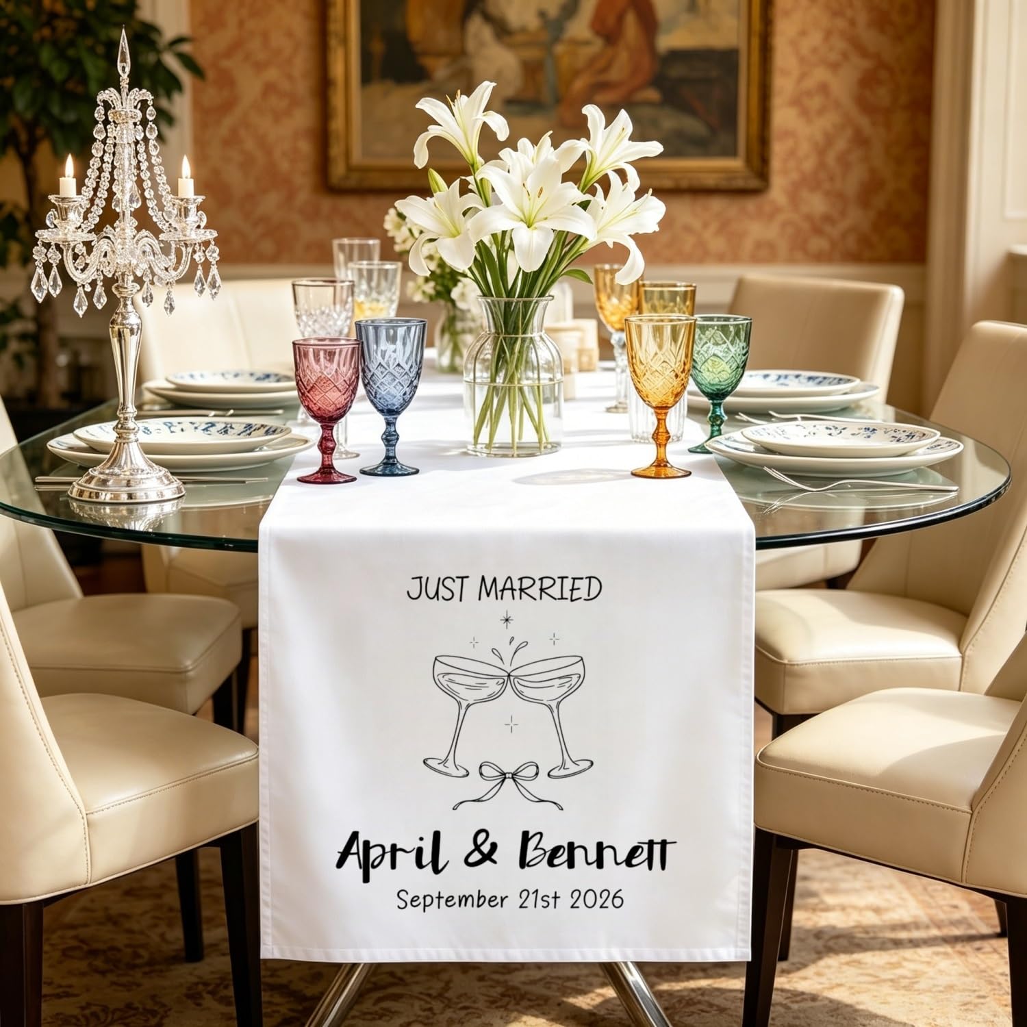 Custom Wedding Table Runner, Personalized Linen Fabric Banner with Name & Date, Hanging Wall Tapestry Decor for Sweetheart Table, Reception Party(S1)