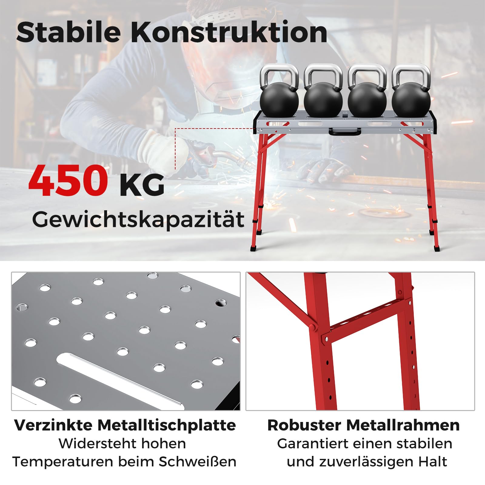 COSTWAY Werkbank Klappbar, Arbeitstisch Höhenverstellbar 107 x 53 cm mit 450 kg Tragkraft, Schweißtisch Werktisch mit 2 Stangenklemmen und Tragegriff, Werkzeugtisch für Garage Werkstatt
