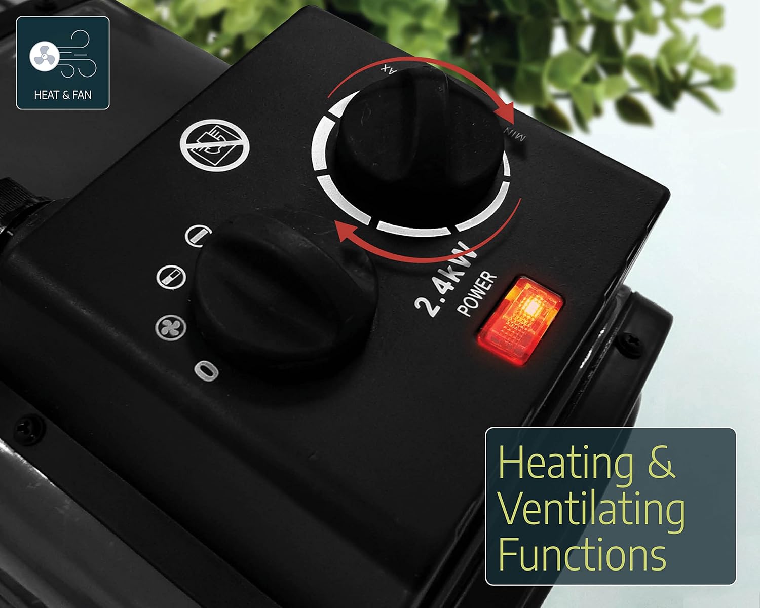 Heater showing symbols for heating and ventilating functions