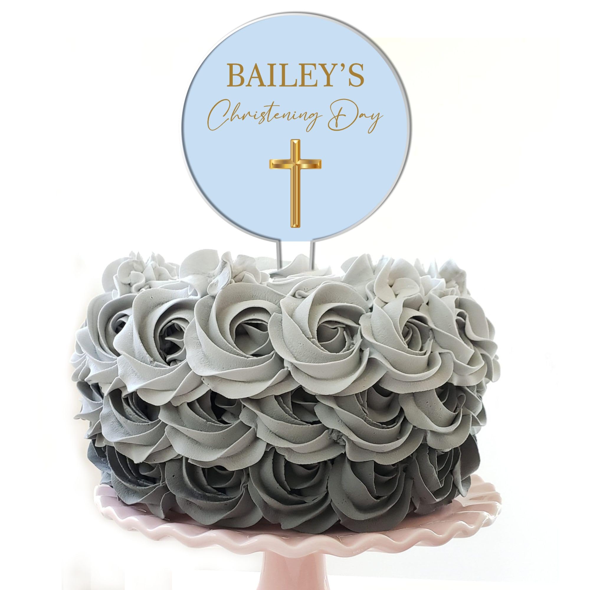 Personalised Acrylic Cake Topper for Christenings Confirmations Holy Communions – Custom Child’s Name in 7 Colours with Gold Cross Design (Christening Day, Blue)